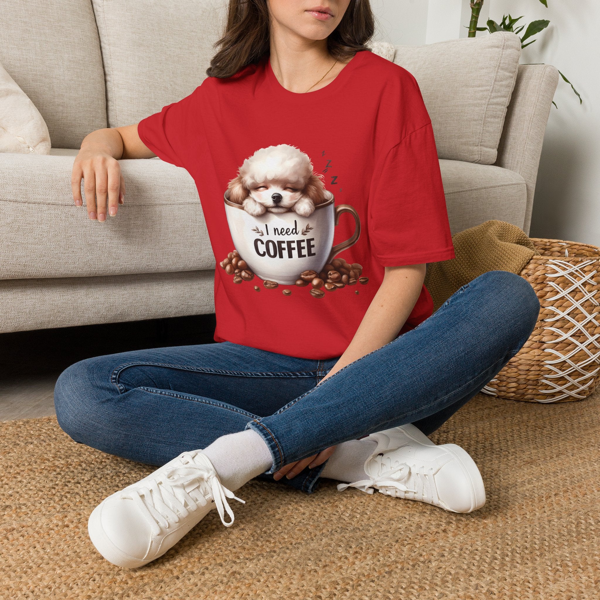Sleeping Puppy in Coffee Cup T-Shirt | I Need Coffee Dog Design