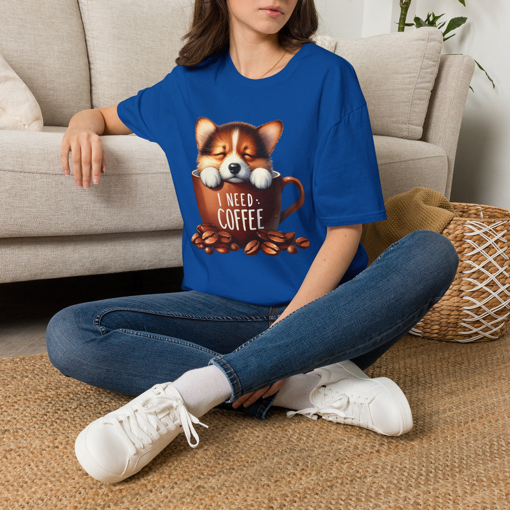 Sleeping Puppy in Coffee Cup T-Shirt | I Need Coffee, Cute Corgi Mug