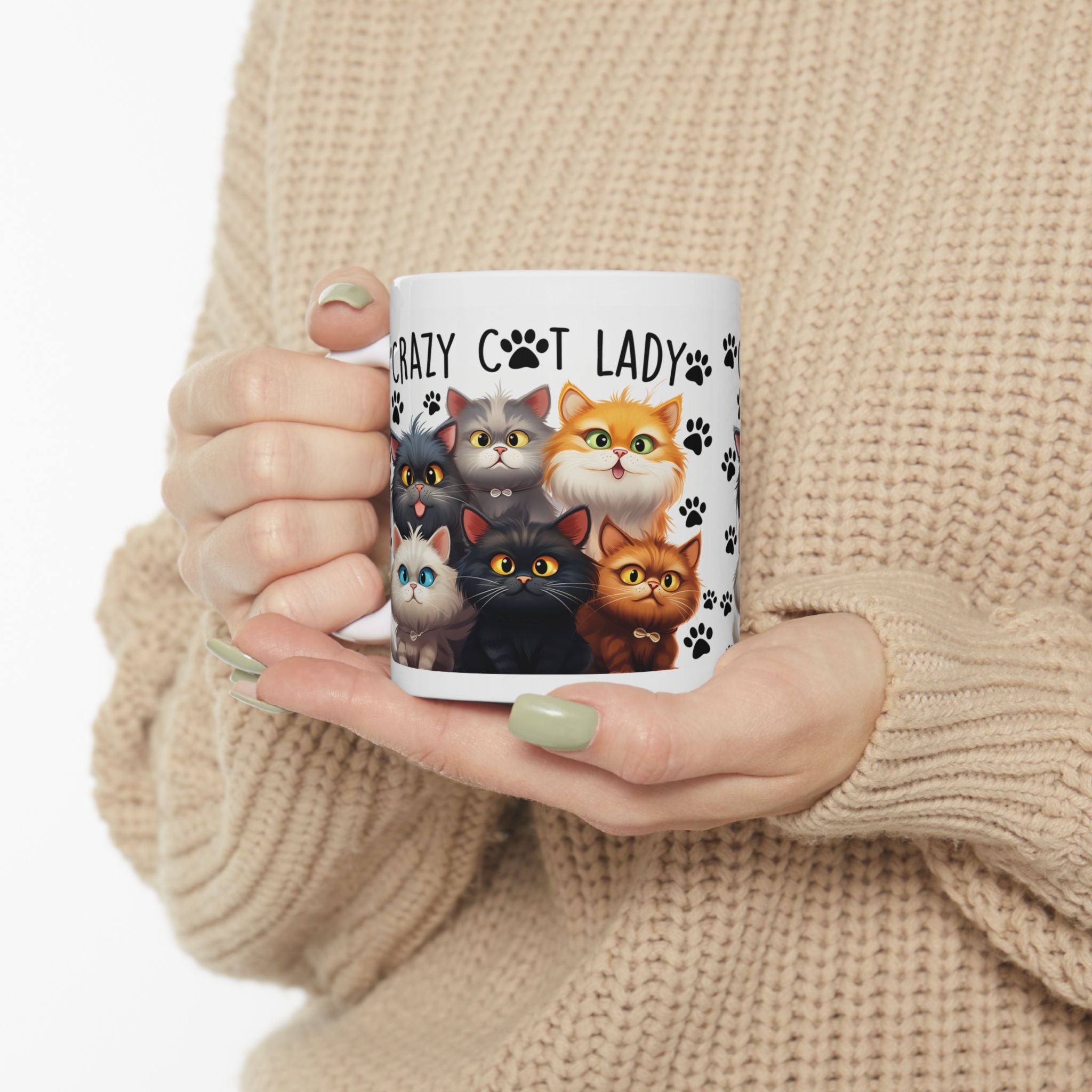 Crazy Cat Lady Cats mug | Cute cartoon kittens paw prints ceramic mug