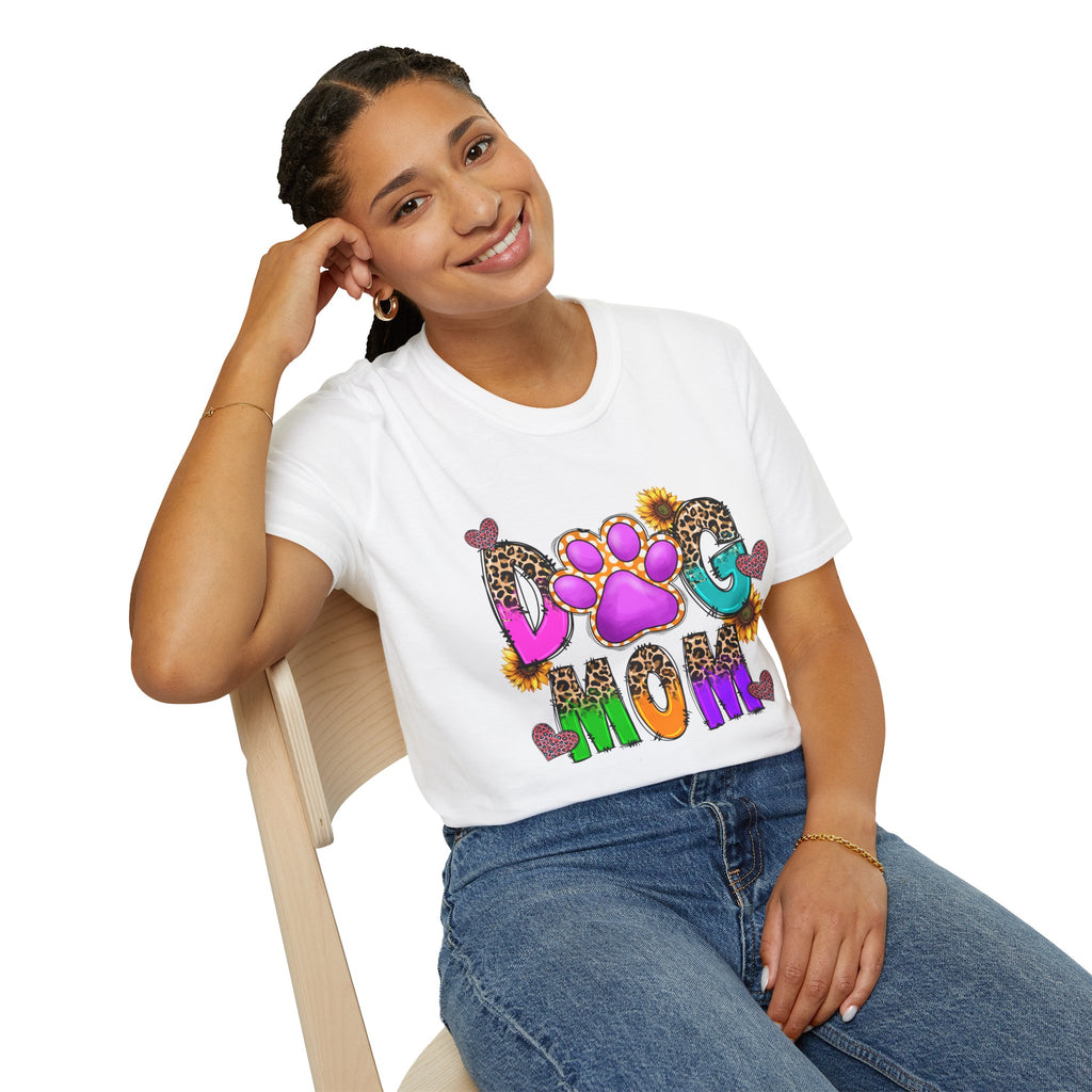 Dog Mom colorful paw print design T-Shirt | leopard hearts sunflower accents
