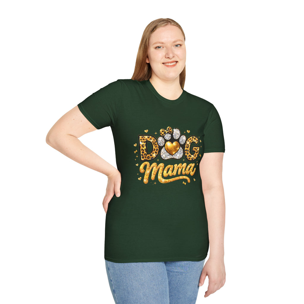 Dog Mama T-Shirt | Leopard Heart Paw Print, Gold Glitter Script