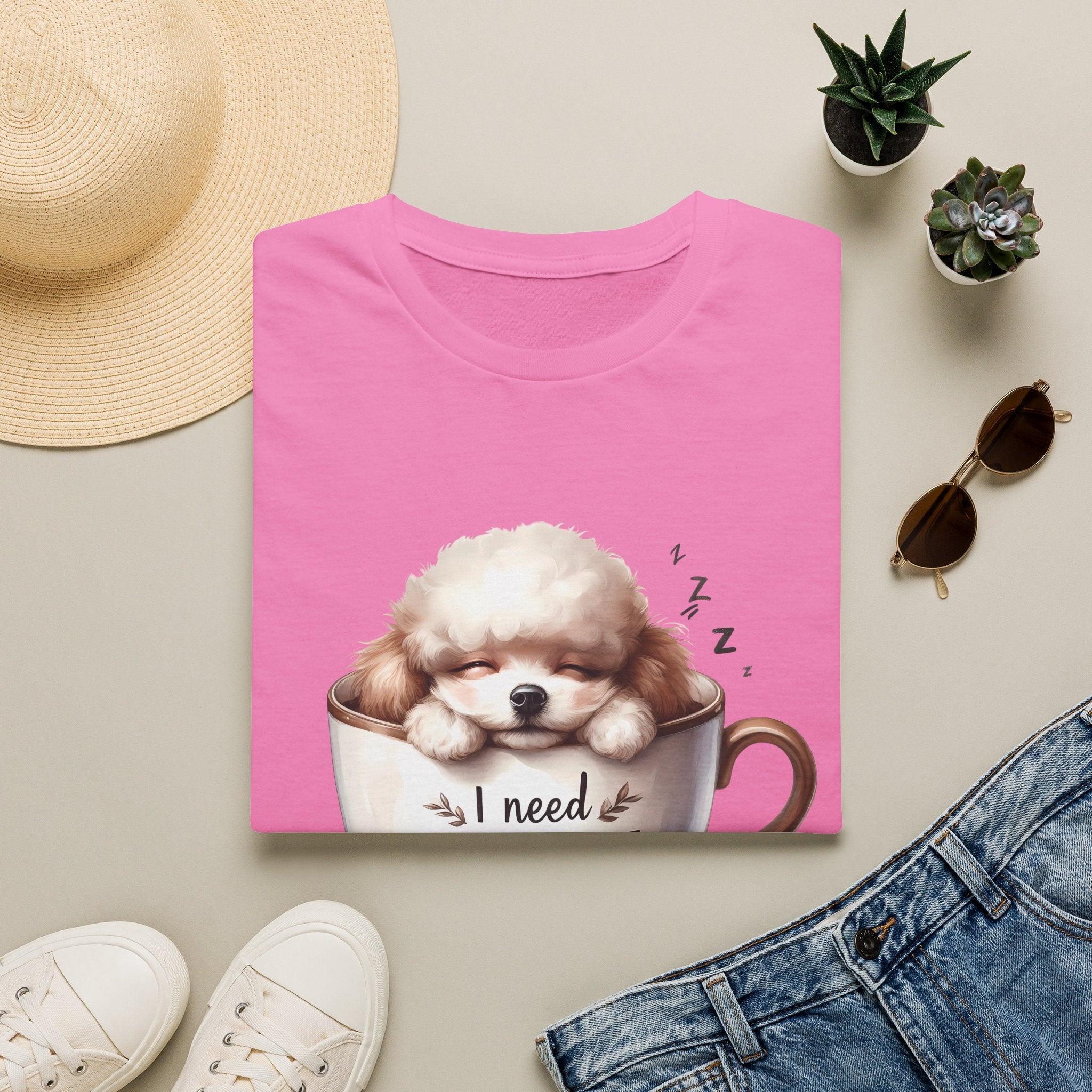 Sleeping Puppy in Coffee Cup T-Shirt | I Need Coffee Dog Design