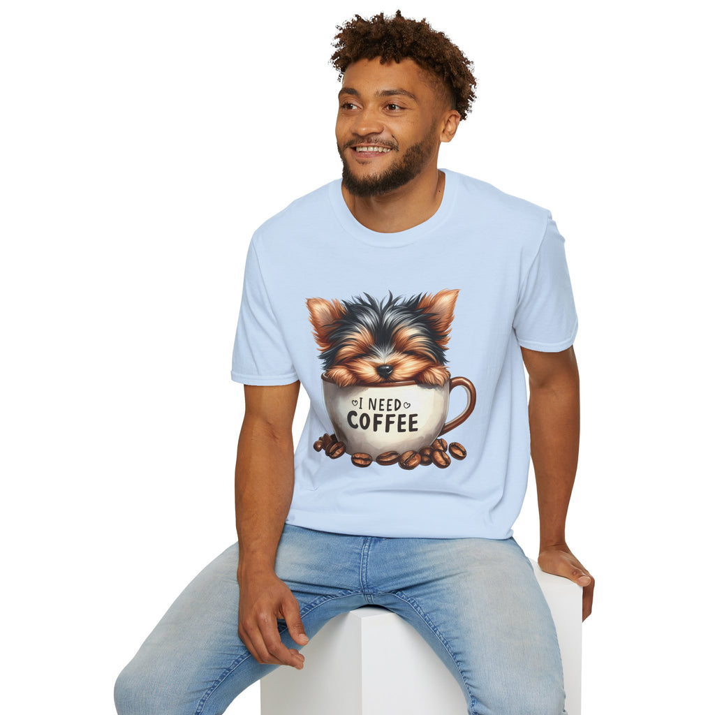 Cute Yorkie in Coffee Cup T-Shirt | I Need Coffee Puppy Graphic Tee