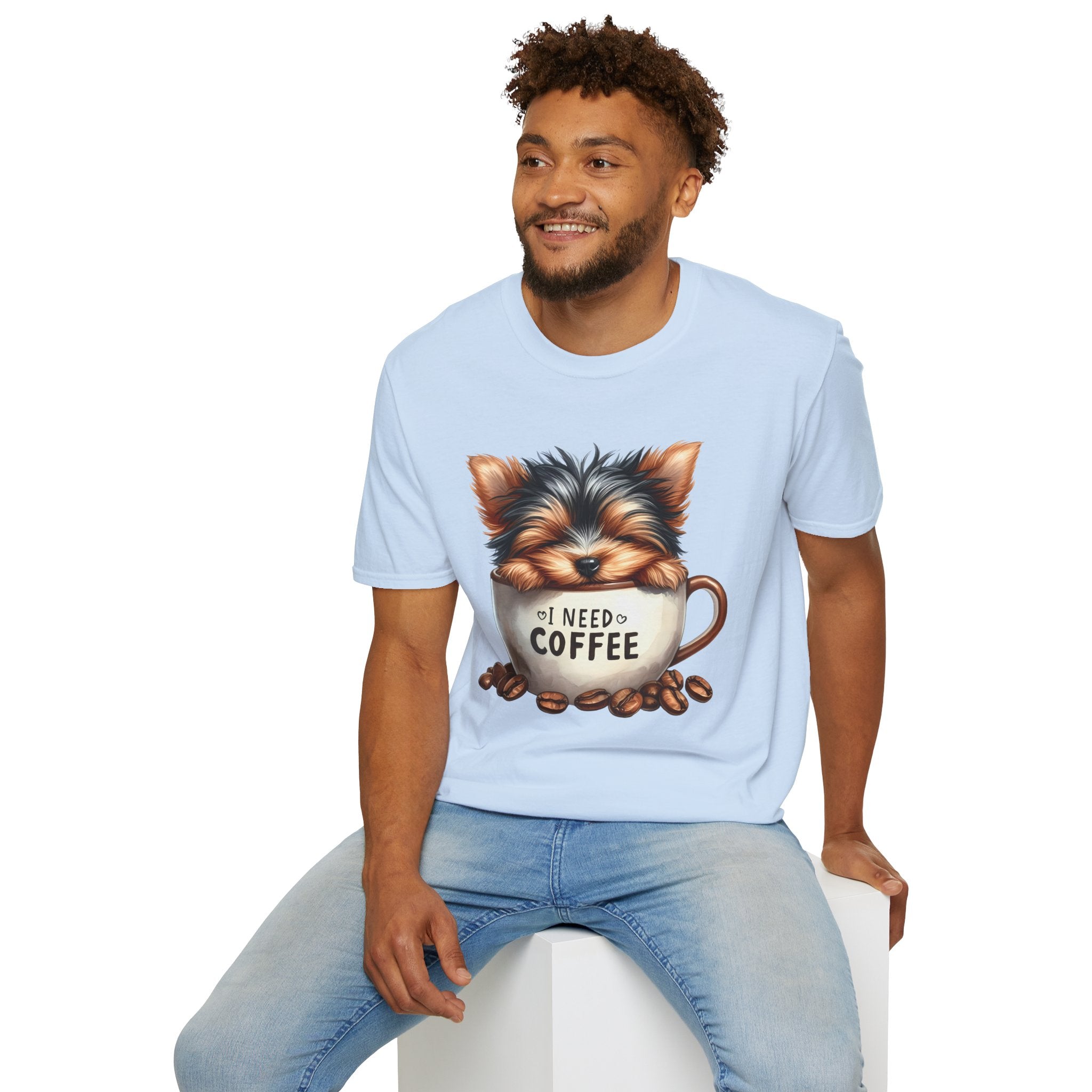 Cute Yorkie in Coffee Cup T-Shirt | I Need Coffee Puppy Graphic Tee
