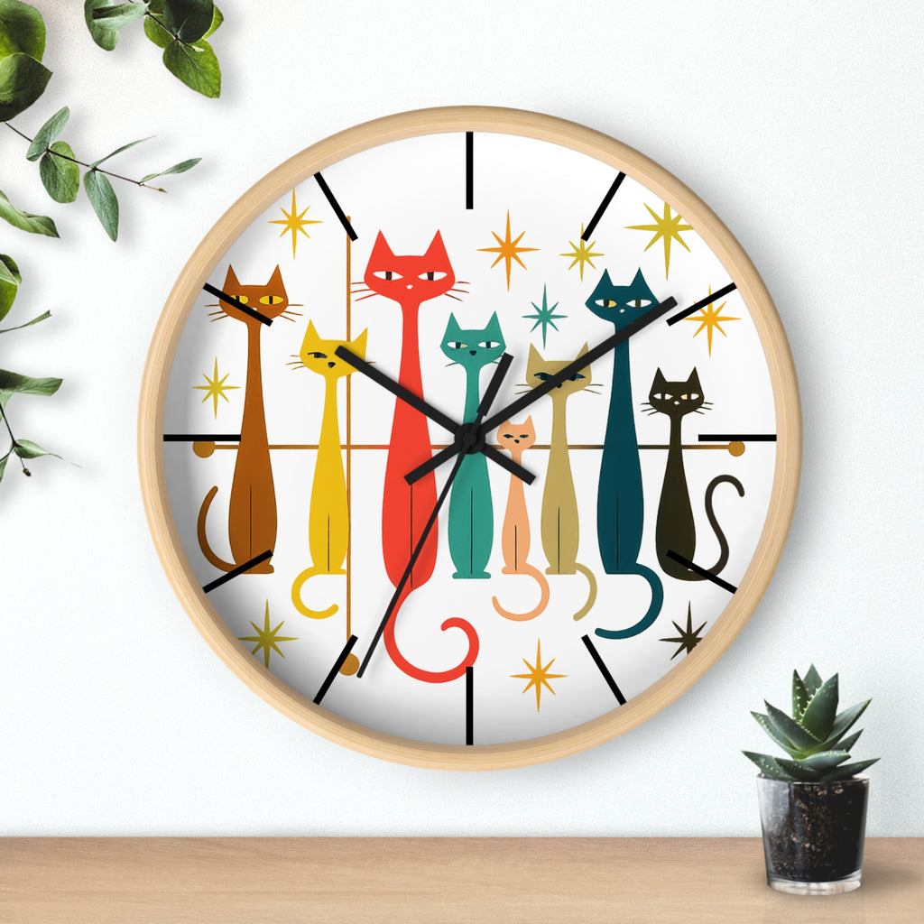 Retro Mid Century Modern Cats Wall Clock | Atomic Starburst Cat Design