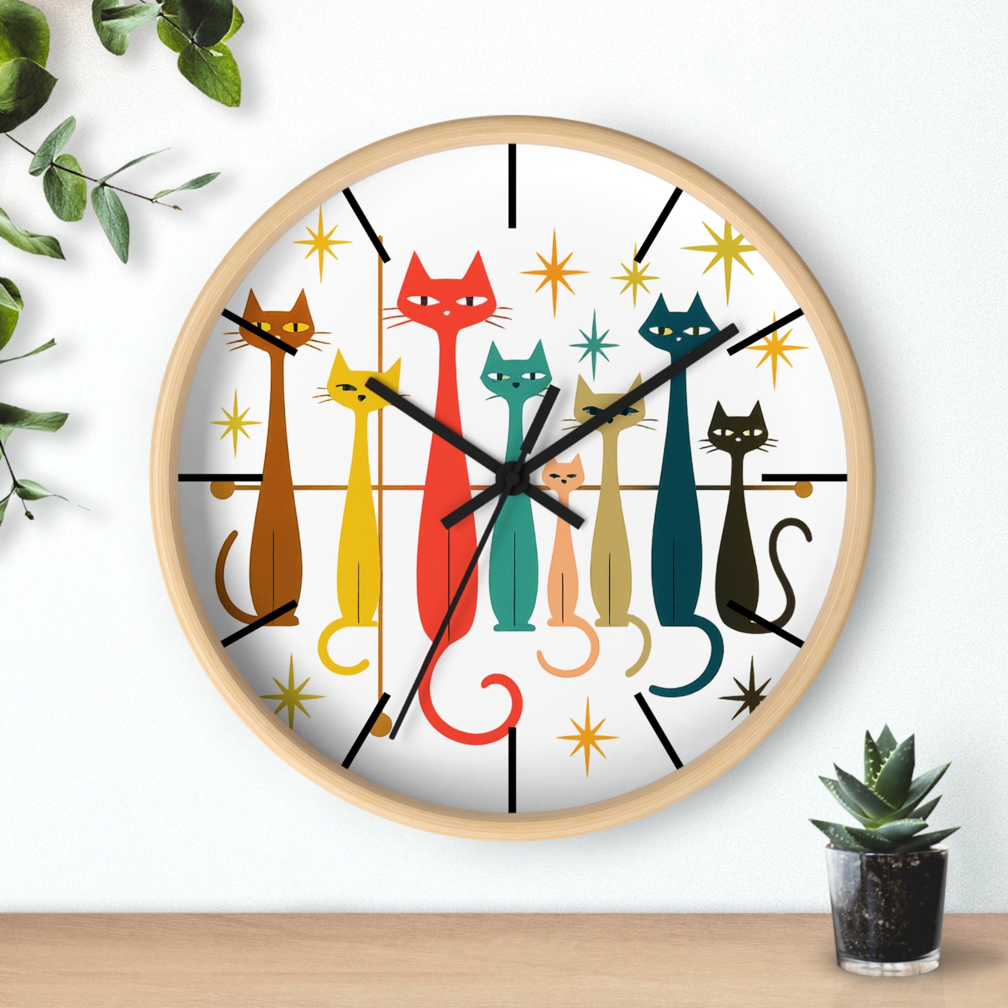 Retro Mid Century Modern Cats Wall Clock | Atomic Starburst Cat Design