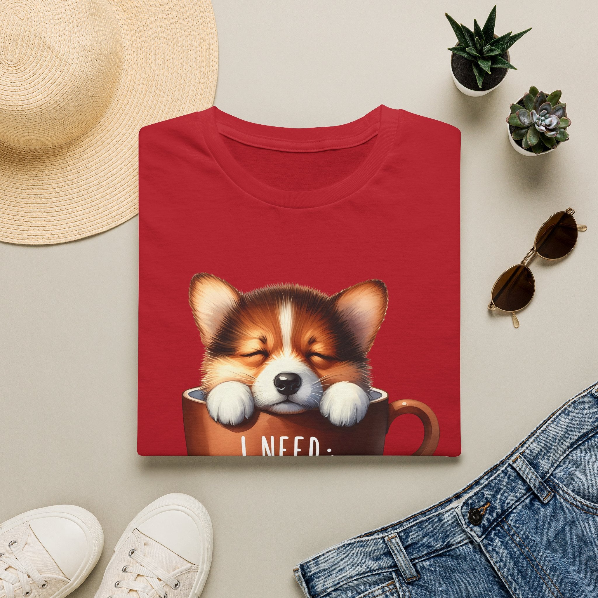 Sleeping Puppy in Coffee Cup T-Shirt | I Need Coffee, Cute Corgi Mug