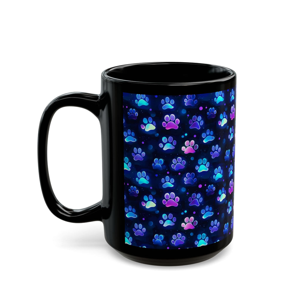 Neon Paw Print Pattern Mug | Black Ceramic 11oz or 15oz