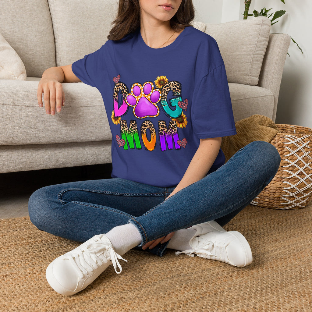 Dog Mom colorful paw print design T-Shirt | leopard hearts sunflower accents
