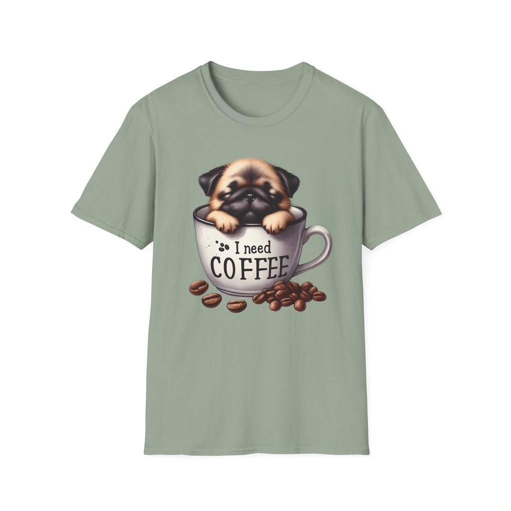Puppy in Coffee Cup I Need Coffee T-Shirt | Cute Pug Coffee Tee