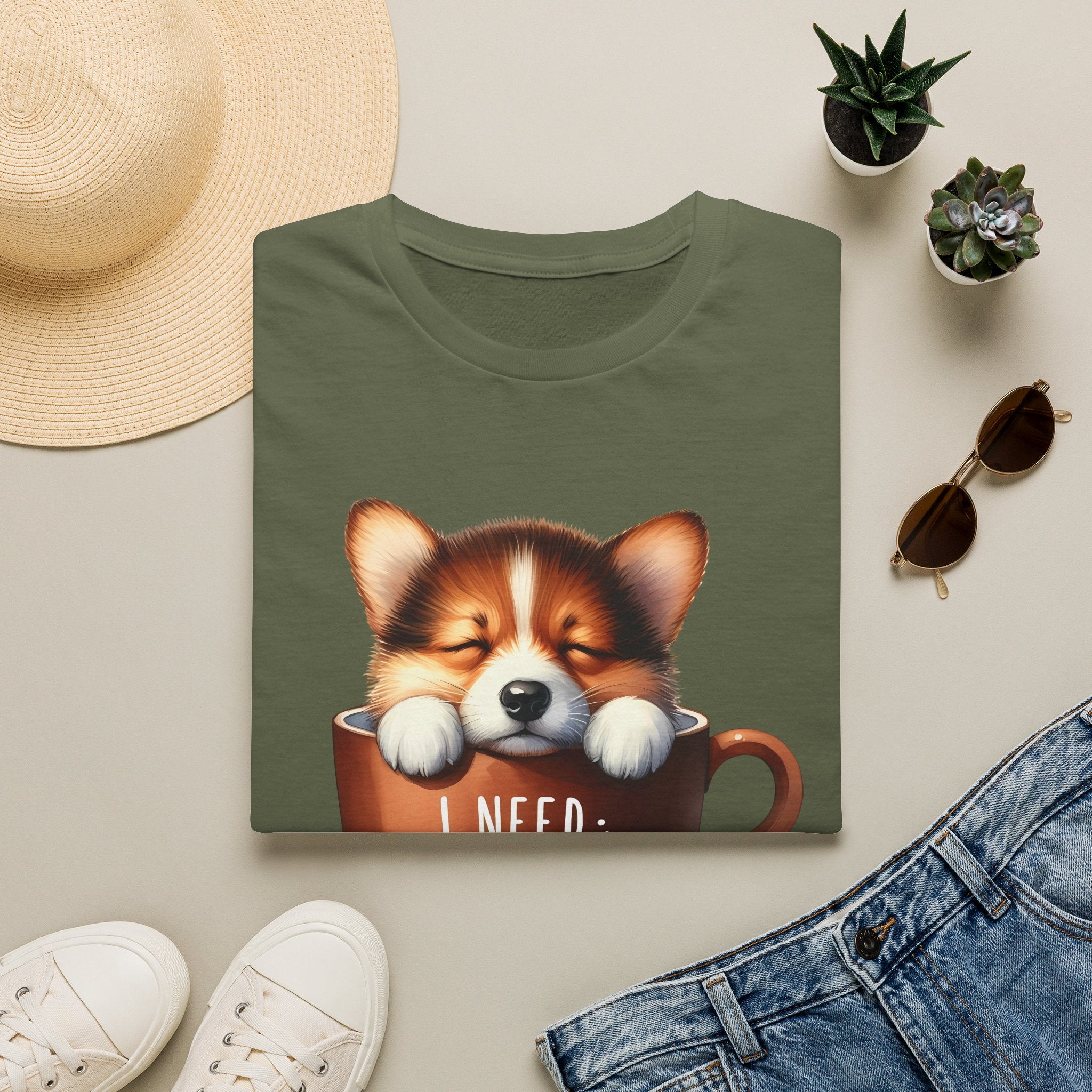 Sleeping Puppy in Coffee Cup T-Shirt | I Need Coffee, Cute Corgi Mug
