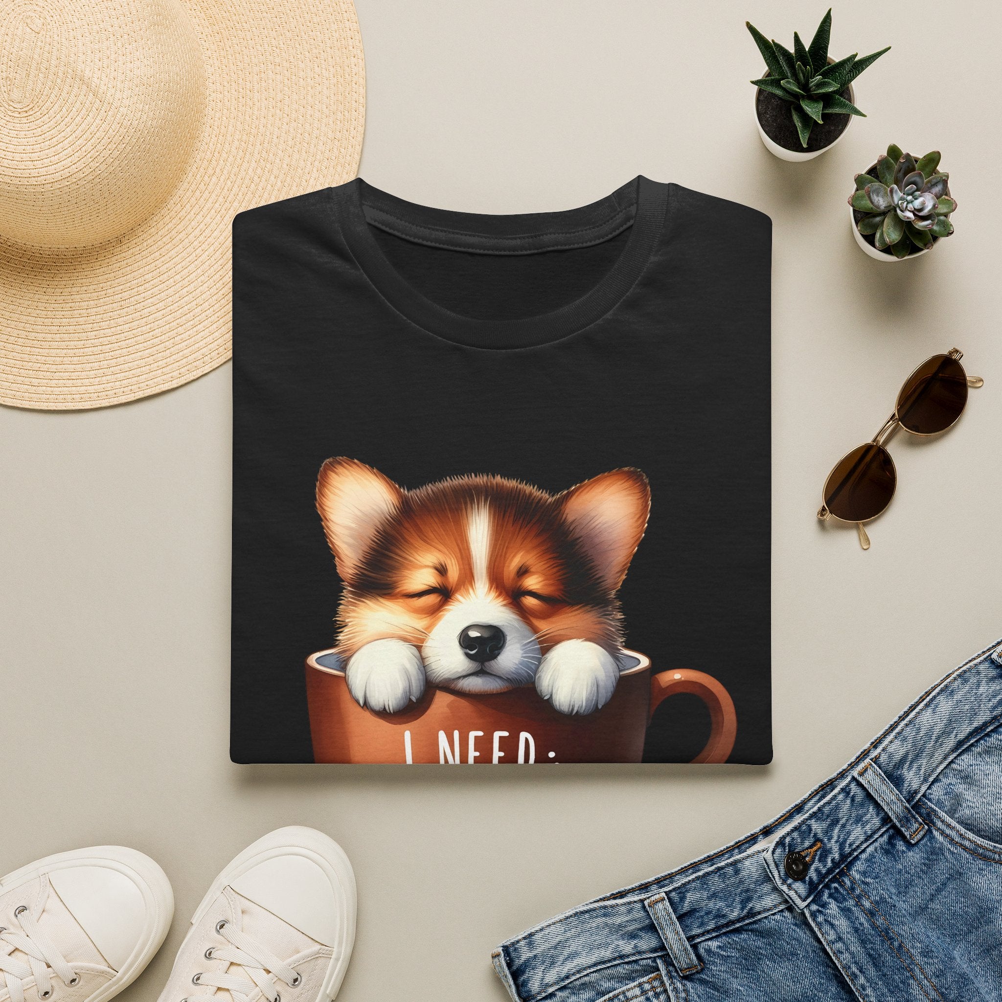 Sleeping Puppy in Coffee Cup T-Shirt | I Need Coffee, Cute Corgi Mug