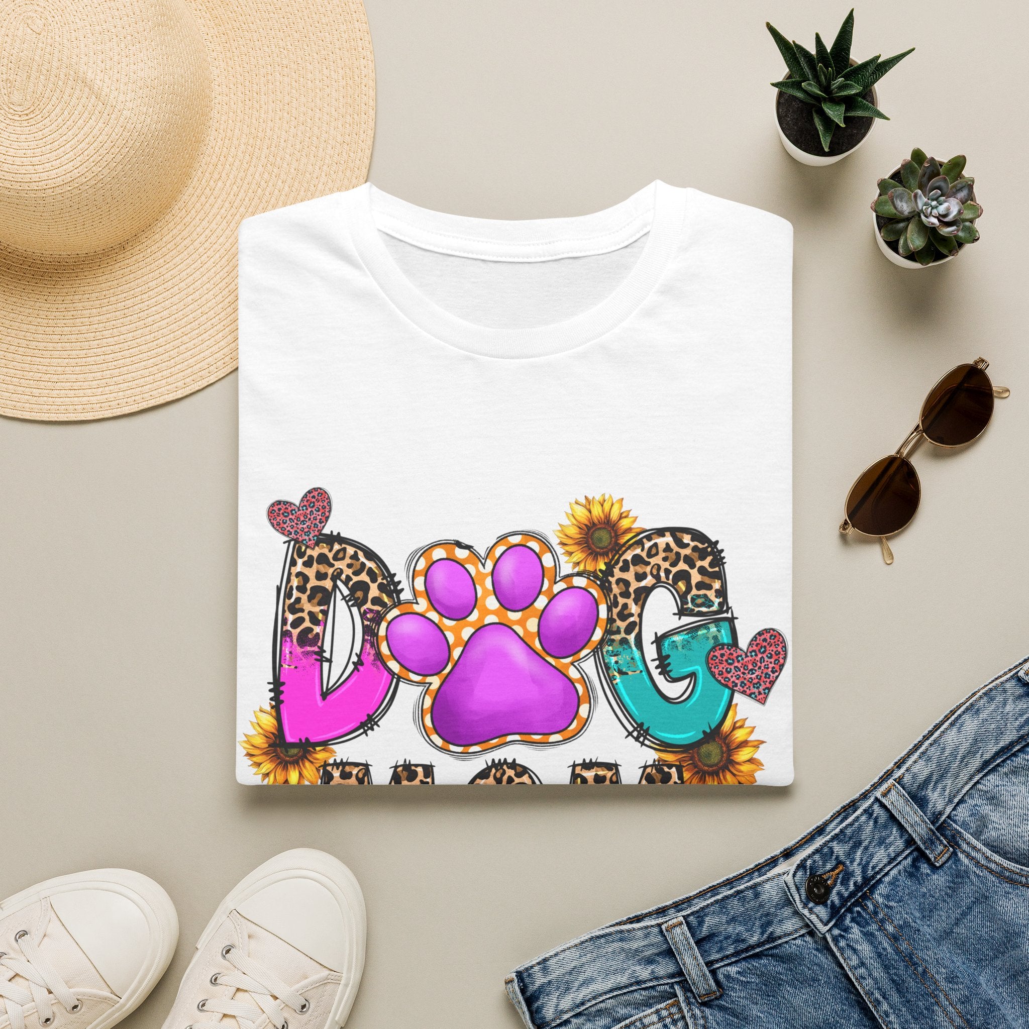 Dog Mom colorful paw print design T-Shirt | leopard hearts sunflower accents