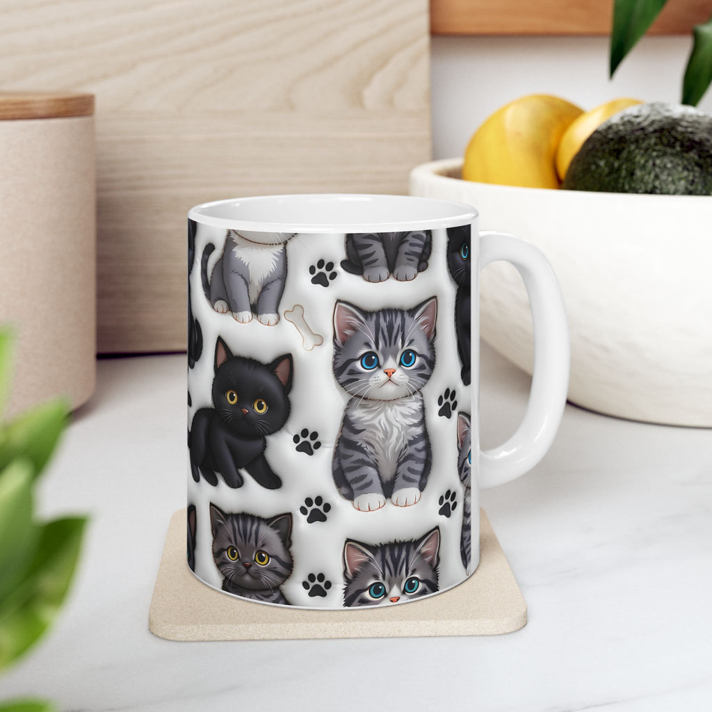 Cute Black and Tabby Kittens Mug | Ceramic Cat Pattern Mug
