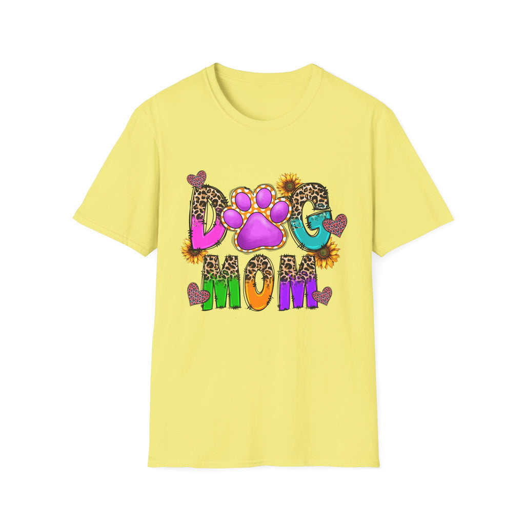 Dog Mom colorful paw print design T-Shirt | leopard hearts sunflower accents