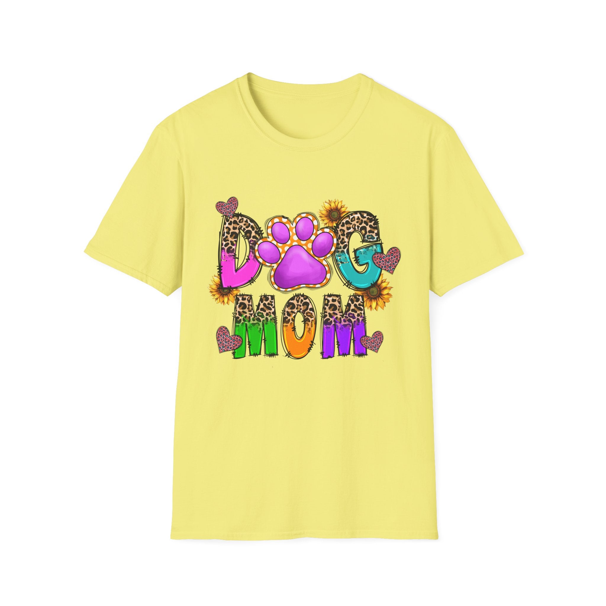 Dog Mom colorful paw print design T-Shirt | leopard hearts sunflower accents