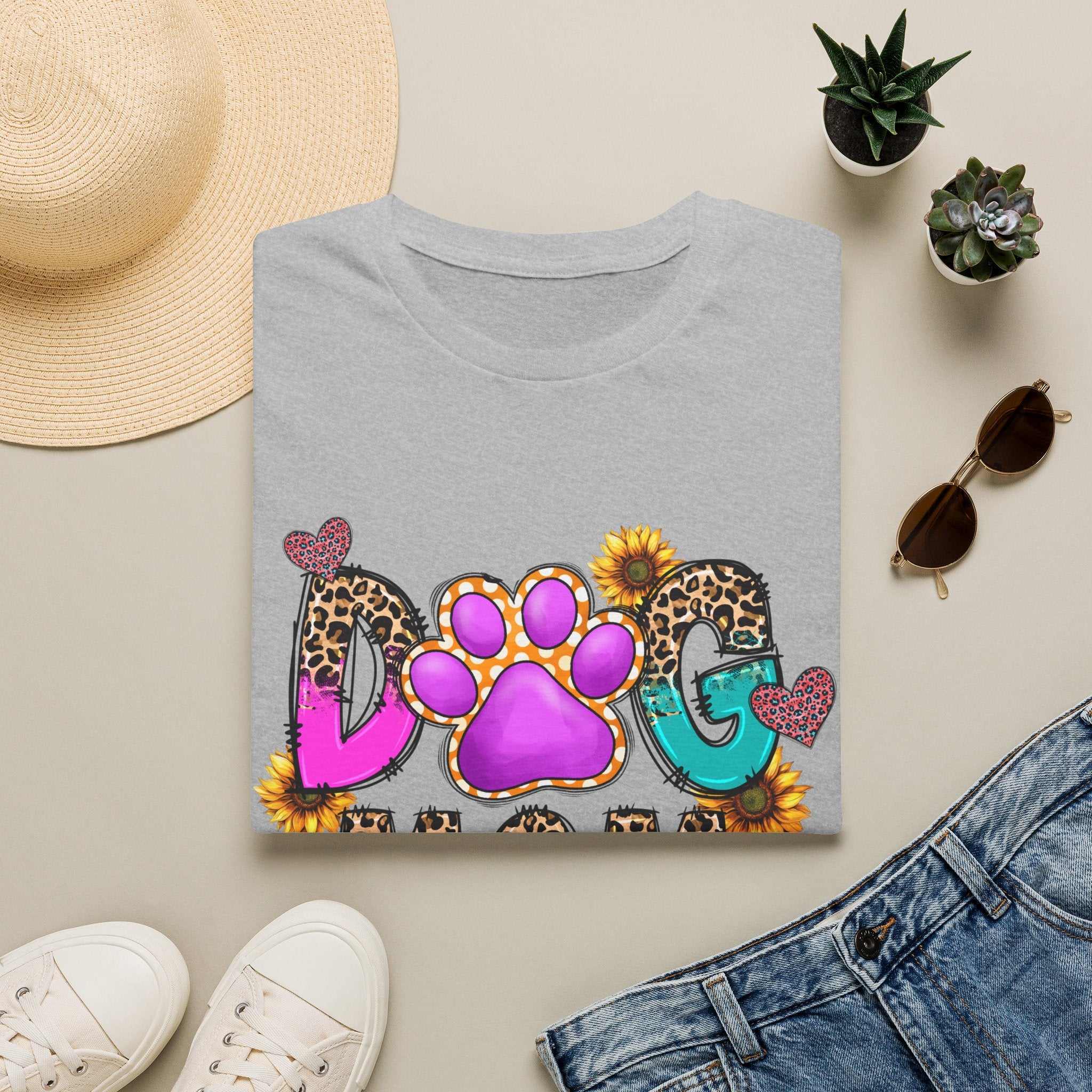Dog Mom colorful paw print design T-Shirt | leopard hearts sunflower accents