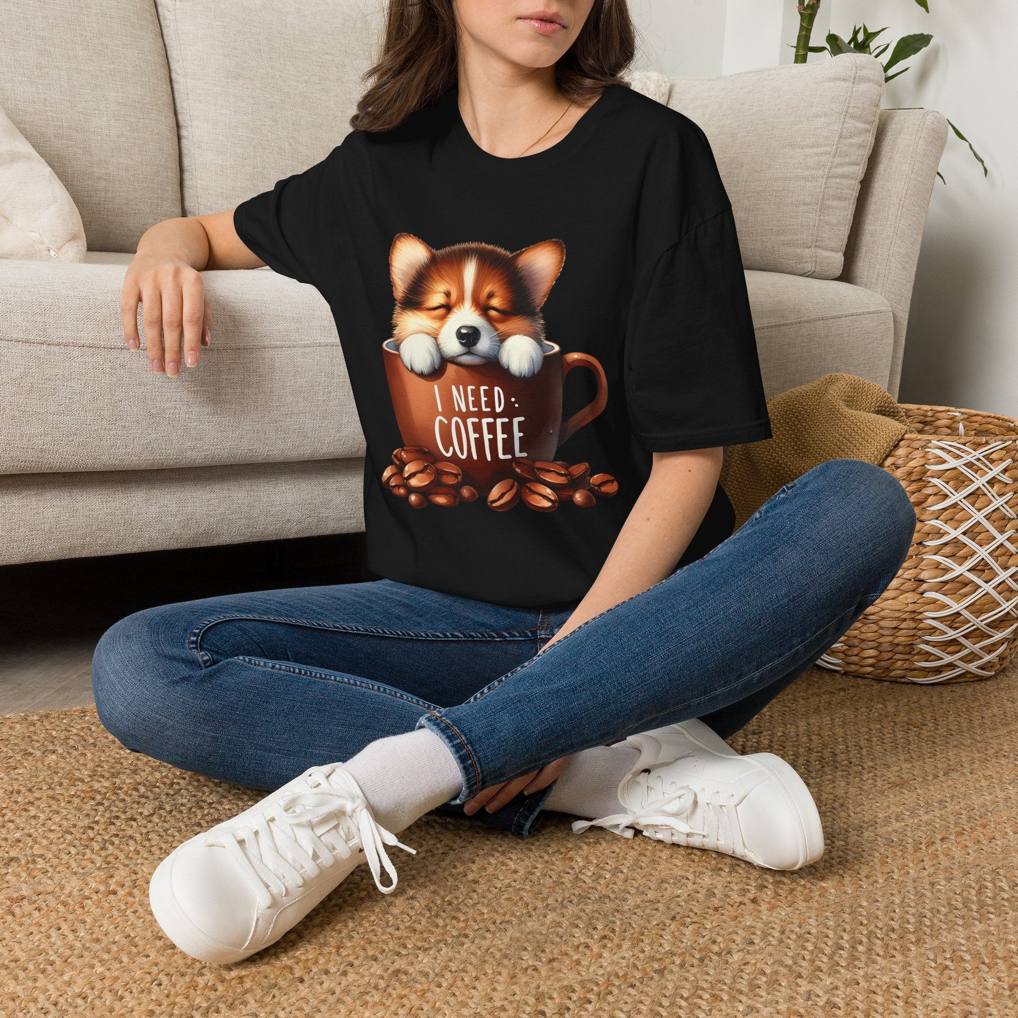 Sleeping Puppy in Coffee Cup T-Shirt | I Need Coffee, Cute Corgi Mug