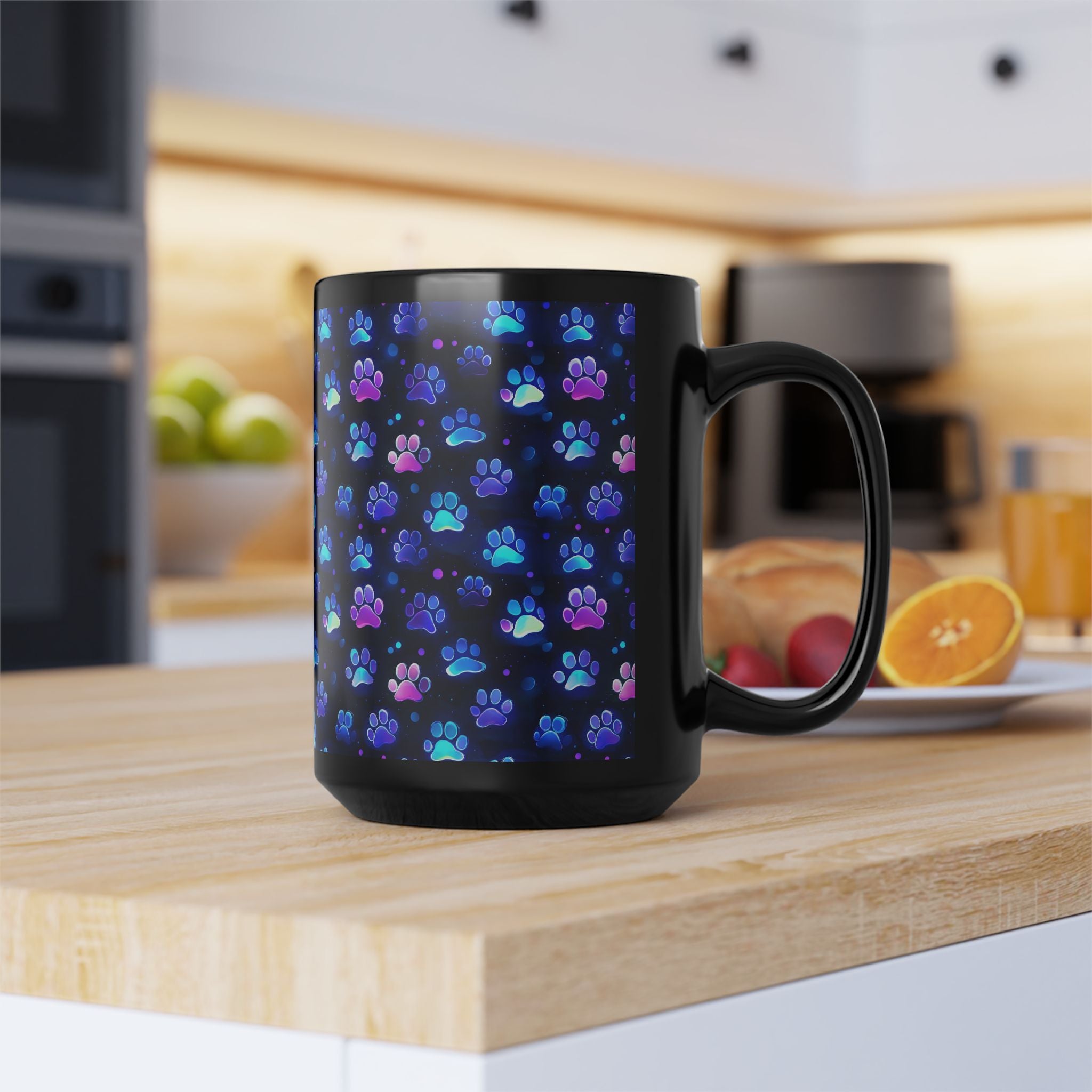 Neon Paw Print Pattern Mug | Black Ceramic 11oz or 15oz