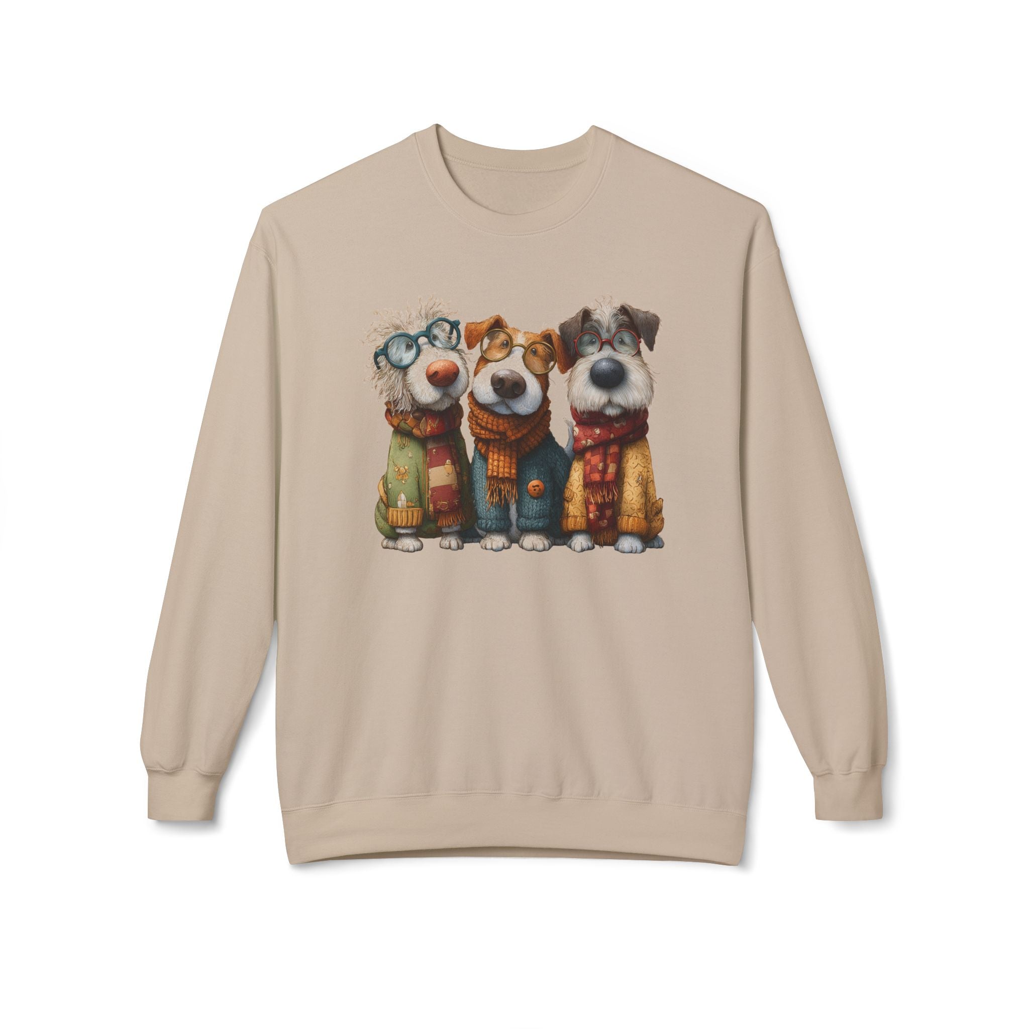 Three Cartoon Dogs in Scarves Sweatshirt | Cute Winter Pup Trio