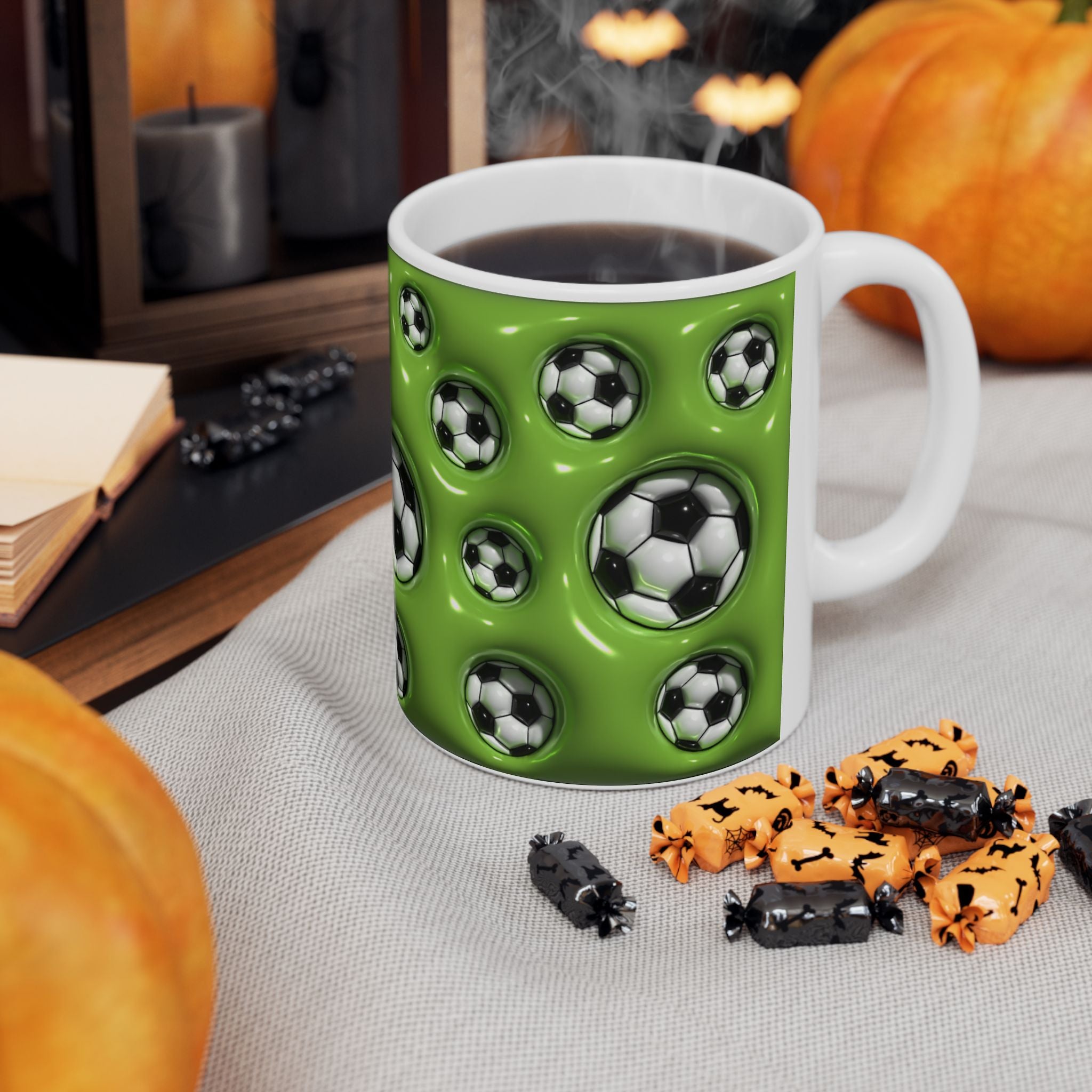 Soccer Ball Pattern Mug | Green Football Design, Ceramic Coffee Cup