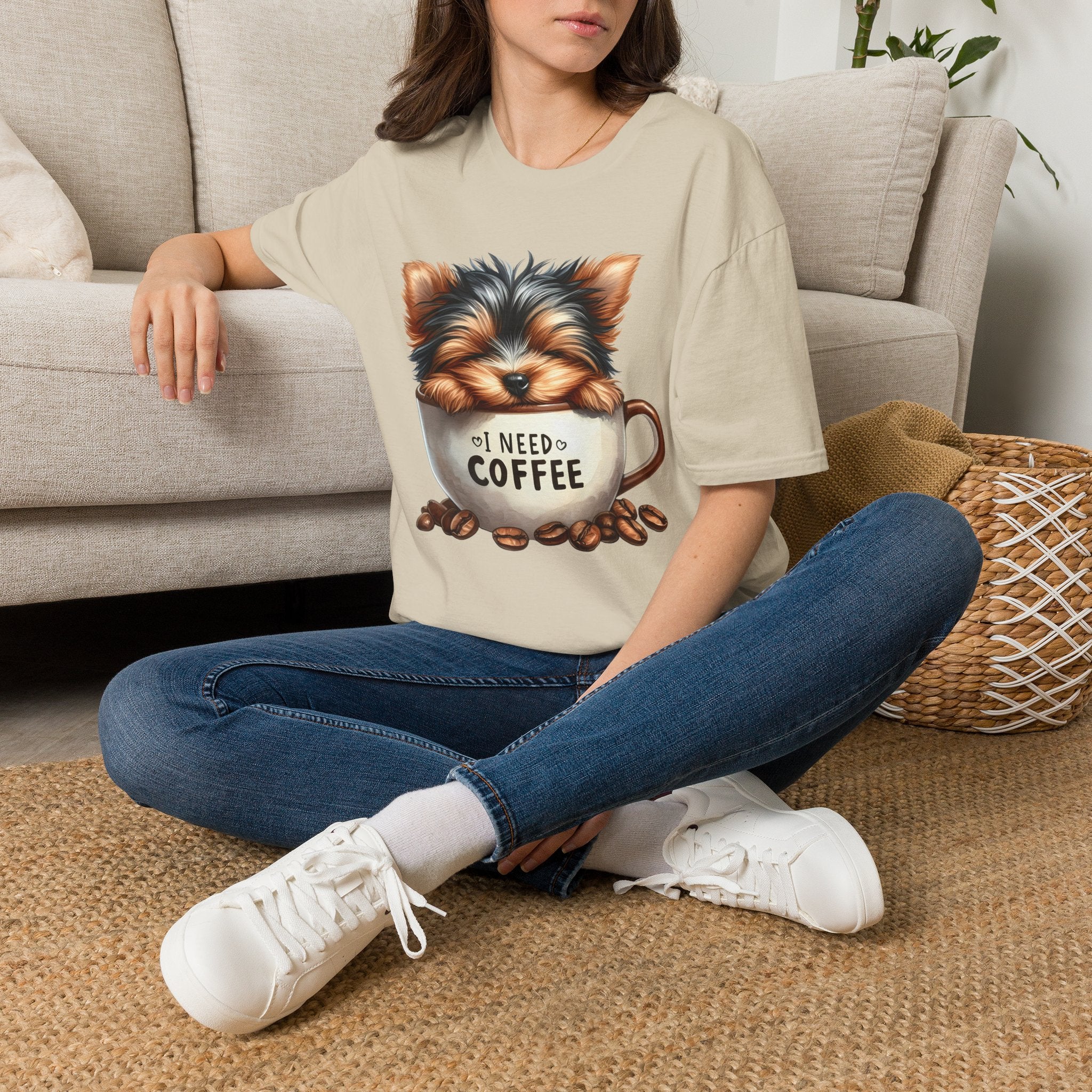 Cute Yorkie in Coffee Cup T-Shirt | I Need Coffee Puppy Graphic Tee
