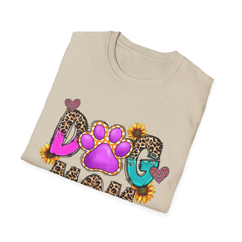 Dog Mom colorful paw print design T-Shirt | leopard hearts sunflower accents