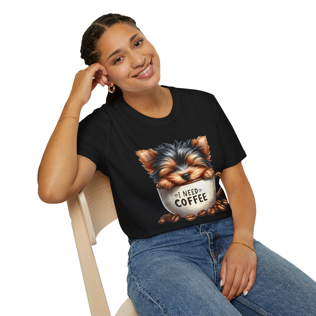 Cute Yorkie in Coffee Cup T-Shirt | I Need Coffee Puppy Graphic Tee