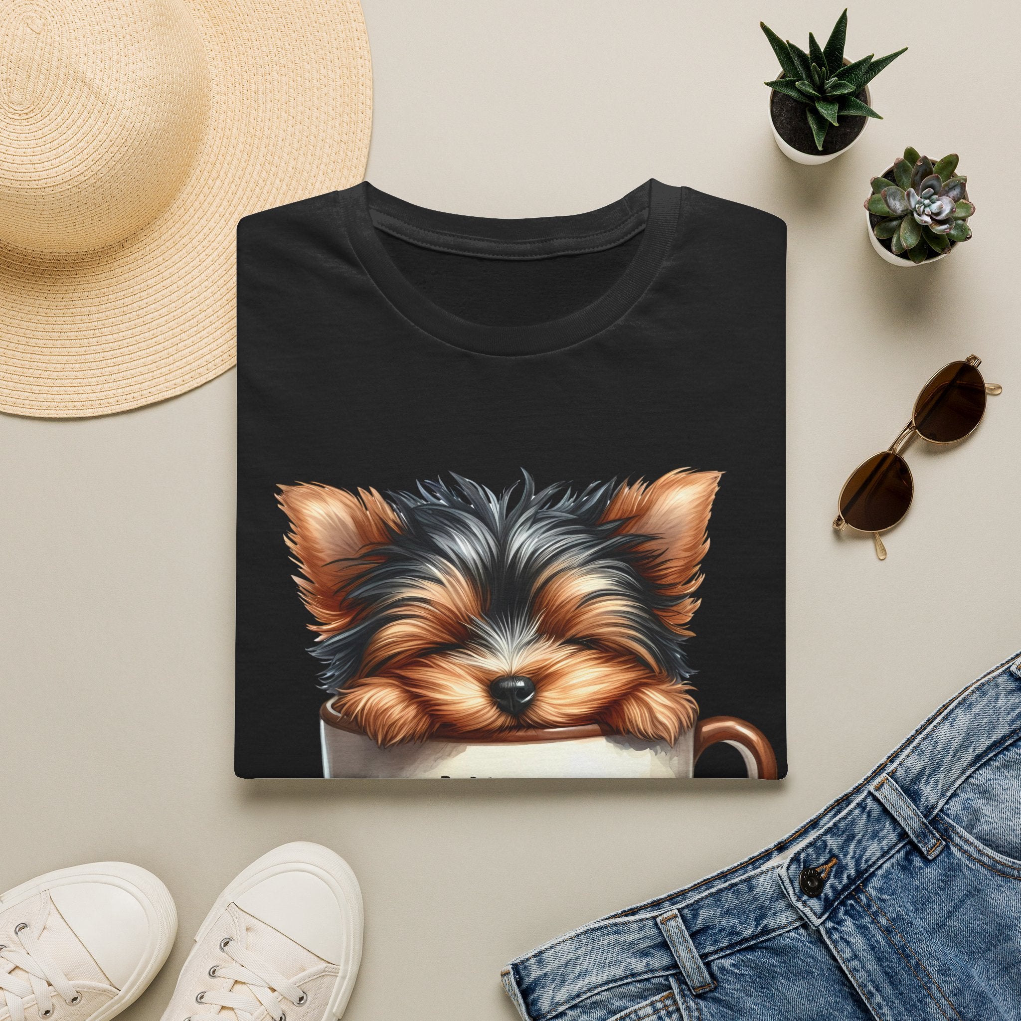 Cute Yorkie in Coffee Cup T-Shirt | I Need Coffee Puppy Graphic Tee