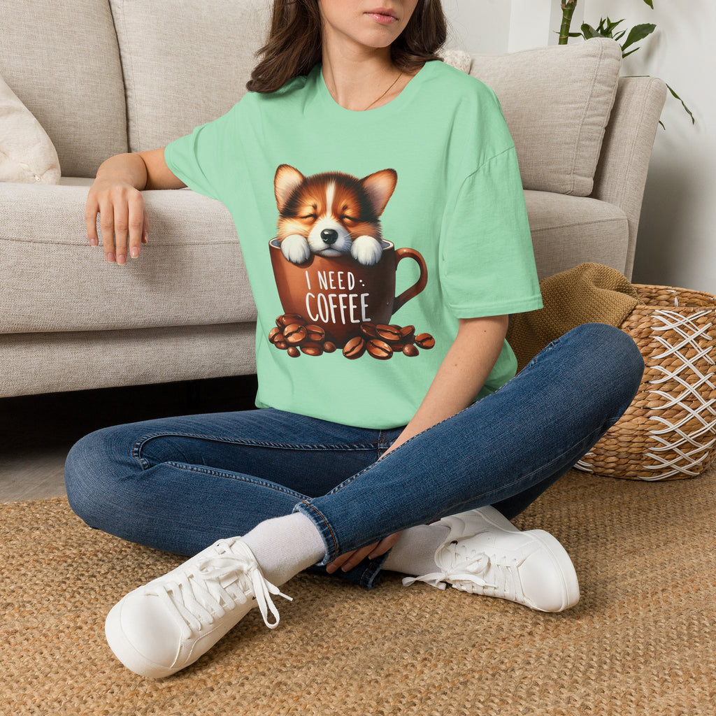 Sleeping Puppy in Coffee Cup T-Shirt | I Need Coffee, Cute Corgi Mug