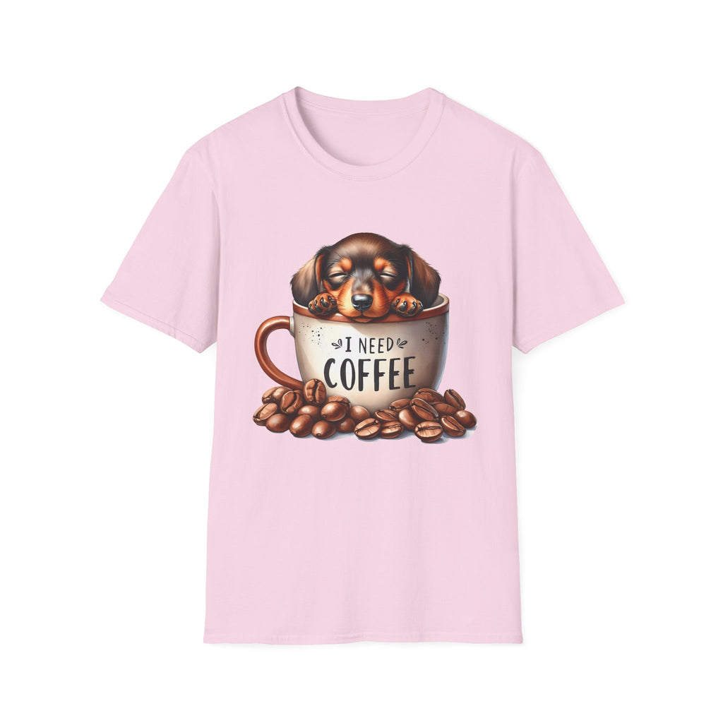 Sleepy Dachshund in Coffee Cup T-Shirt | I Need Coffee, Coffee Beans