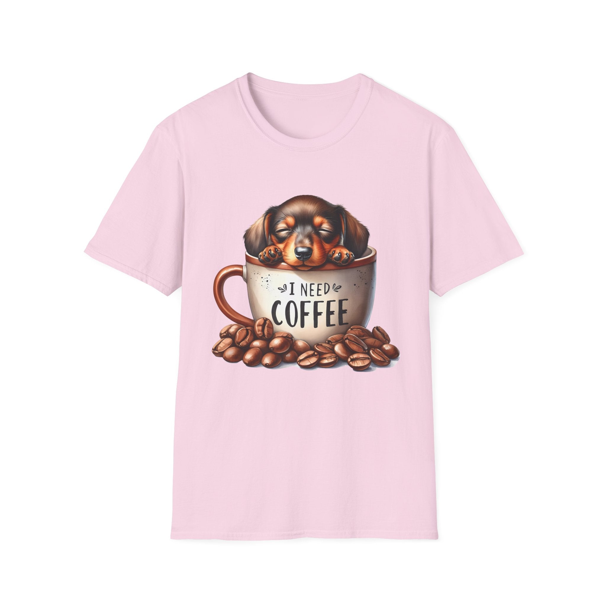 Sleepy Dachshund in Coffee Cup T-Shirt | I Need Coffee, Coffee Beans