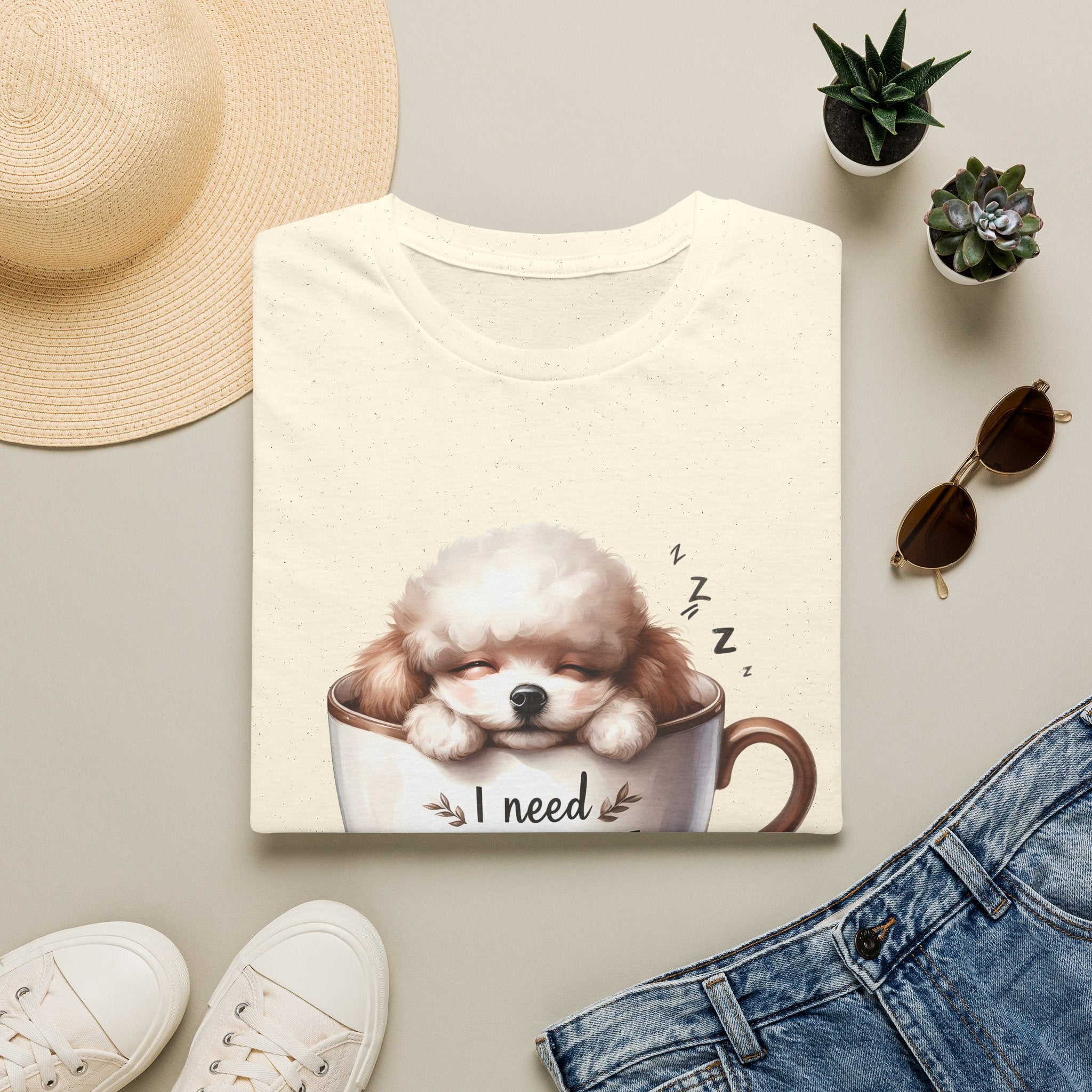 Sleeping Puppy in Coffee Cup T-Shirt | I Need Coffee Dog Design