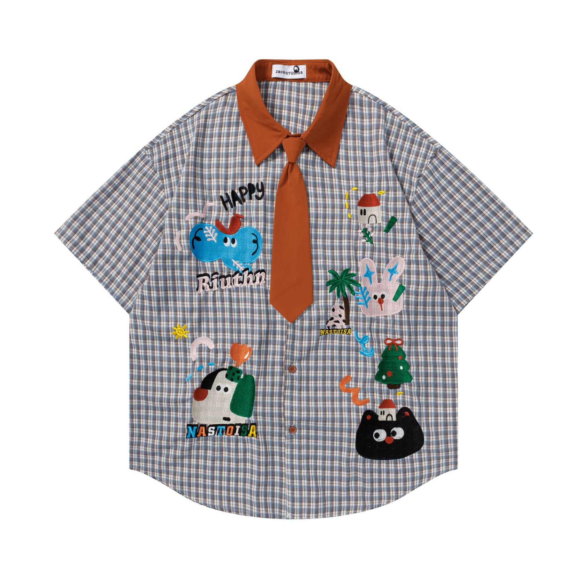 Fun cat and dog embroidered short sleeved shirt