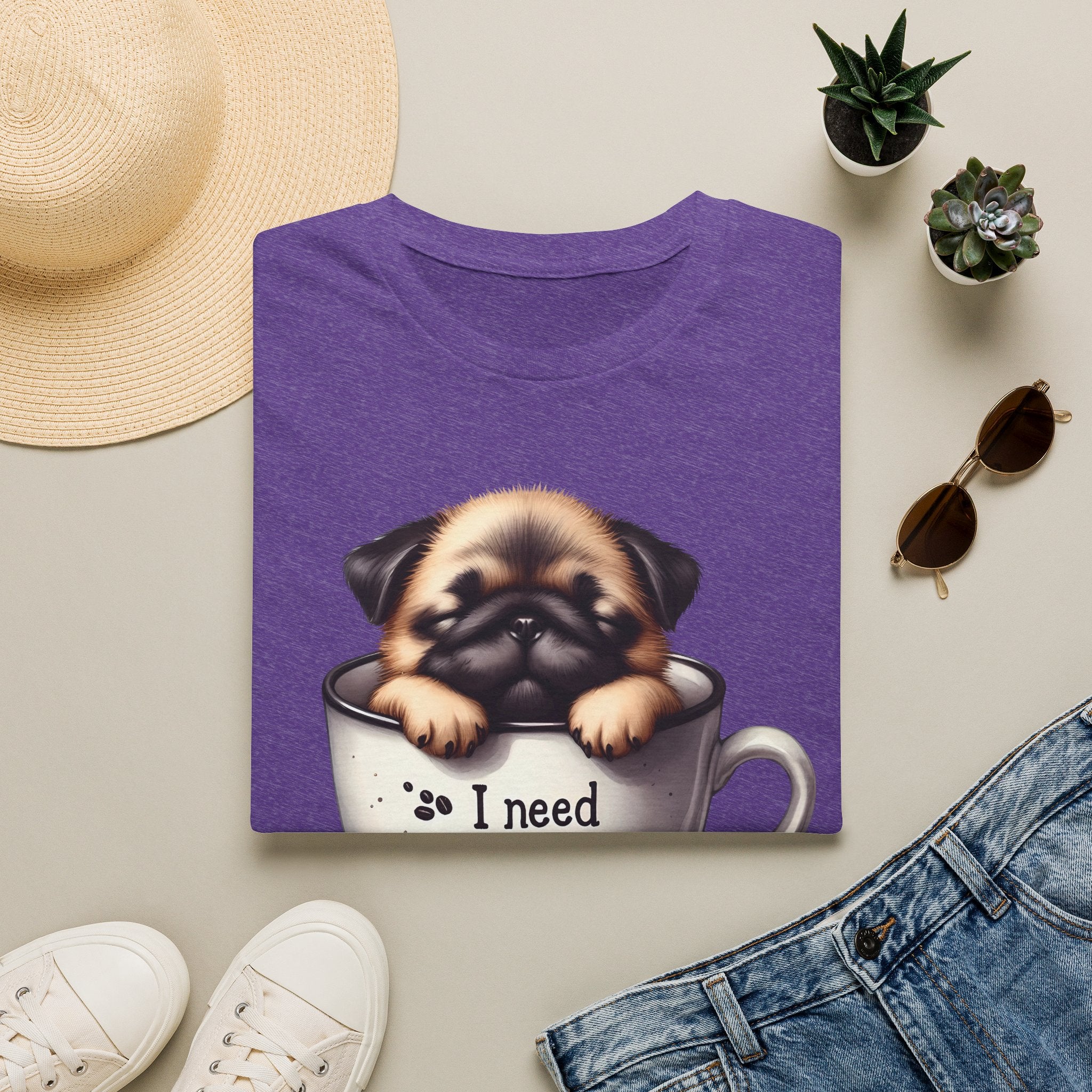 Puppy in Coffee Cup I Need Coffee T-Shirt | Cute Pug Coffee Tee