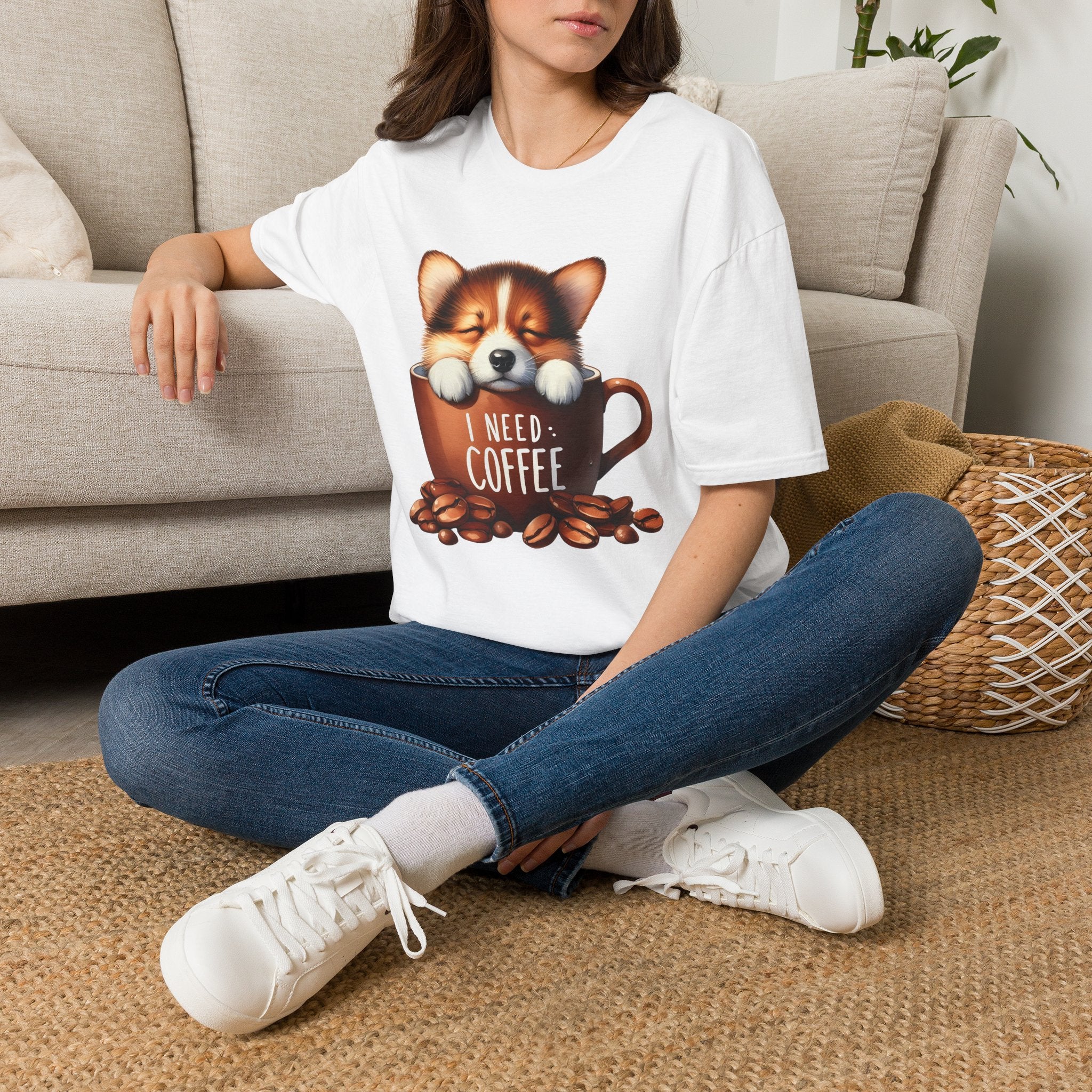 Sleeping Puppy in Coffee Cup T-Shirt | I Need Coffee, Cute Corgi Mug
