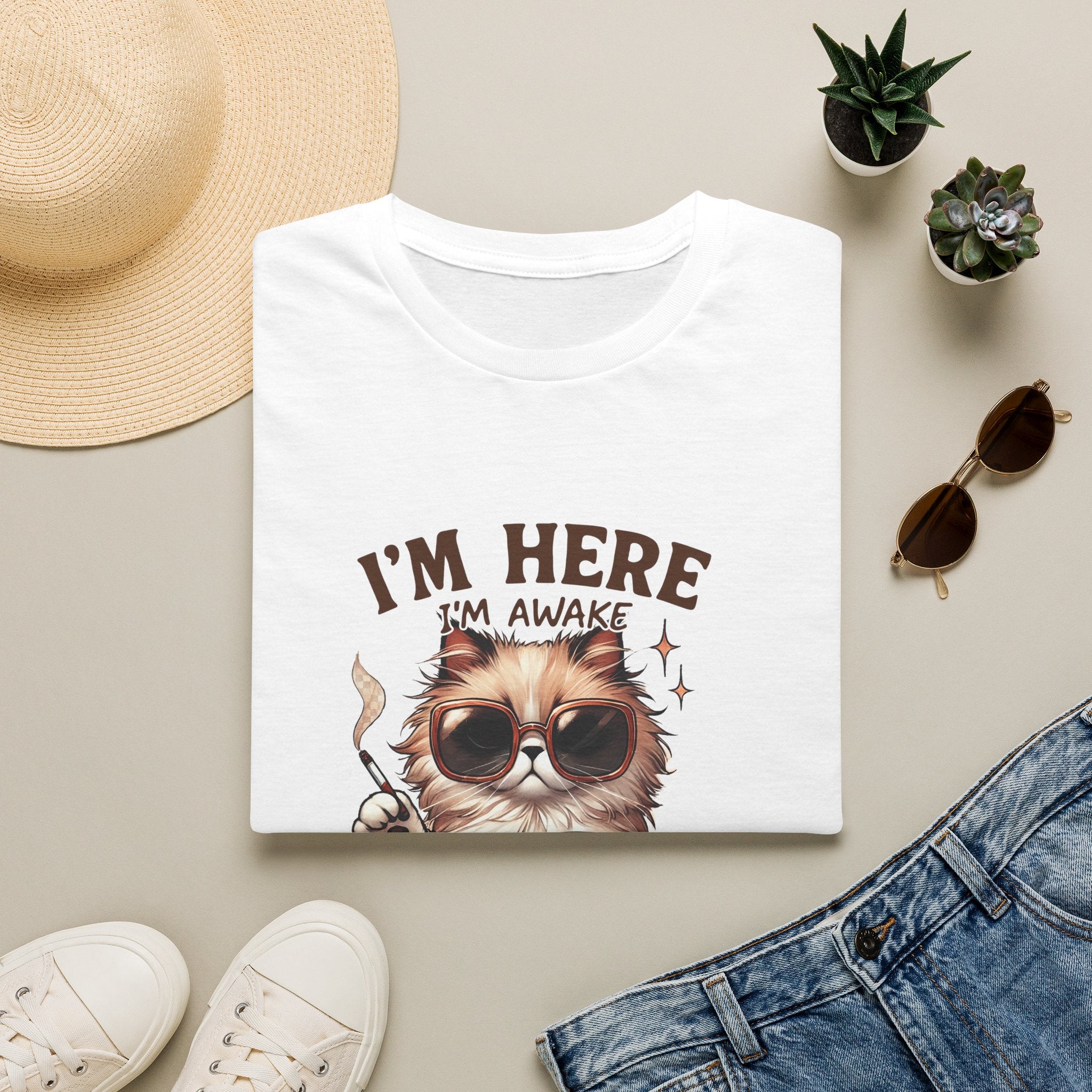 Sunglasses Cat with Coffee I'm Here I'm Awake Don't Push It T-Shirt | Funny Cat Tee