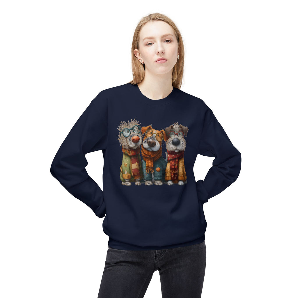 Three Cartoon Dogs in Scarves Sweatshirt | Cute Winter Pup Trio