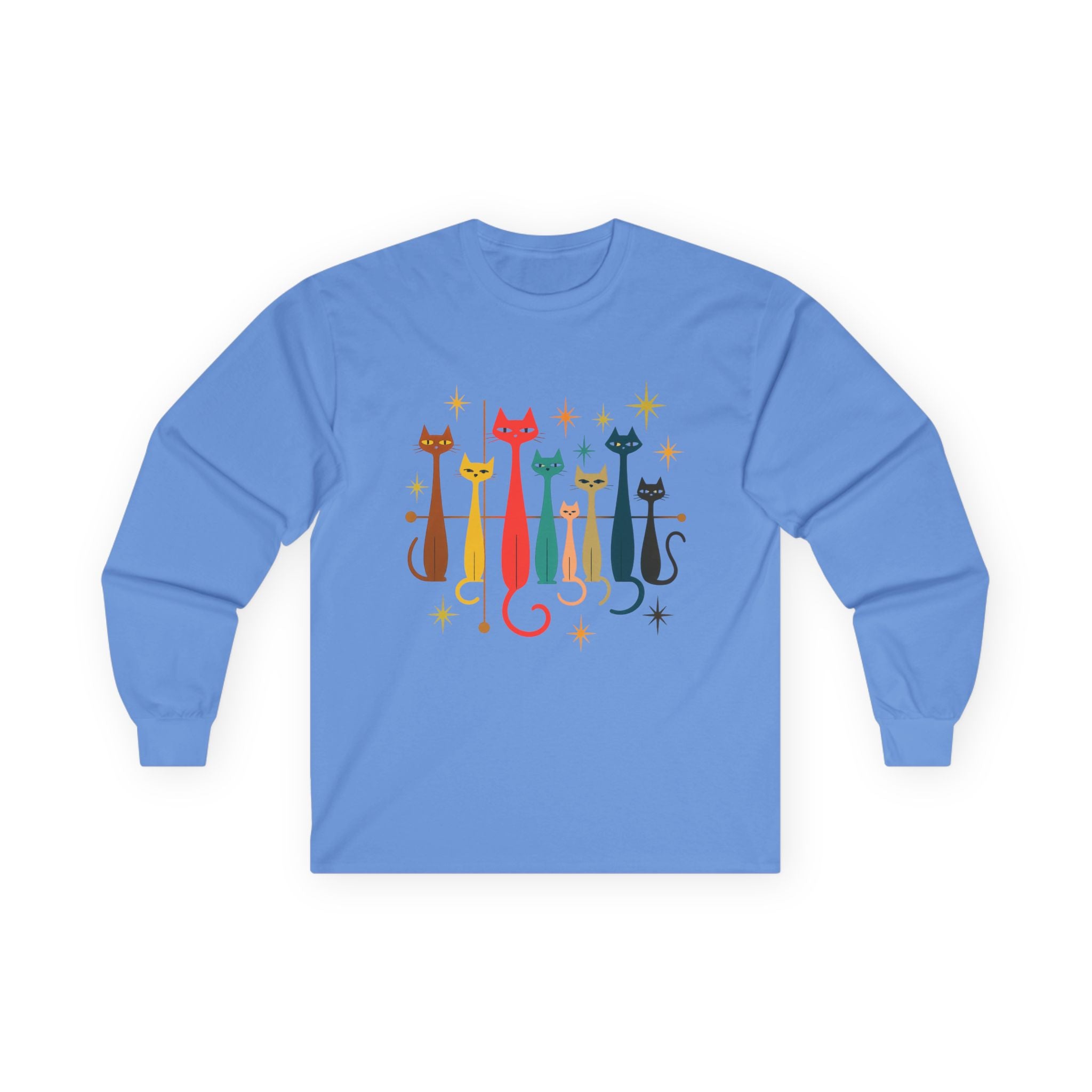 Retro Colorful Cats 1950s 1960s Long Sleeve Tee | Mid-Century Modern Kitty Illustration