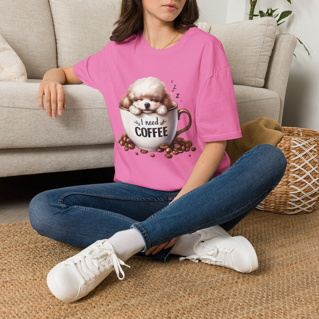 Sleeping Puppy in Coffee Cup T-Shirt | I Need Coffee Dog Design
