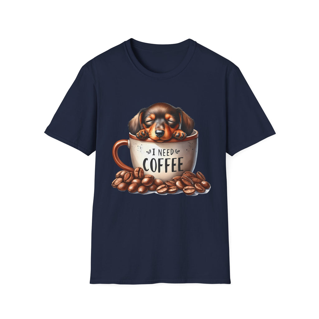 Sleepy Dachshund in Coffee Cup T-Shirt | I Need Coffee, Coffee Beans