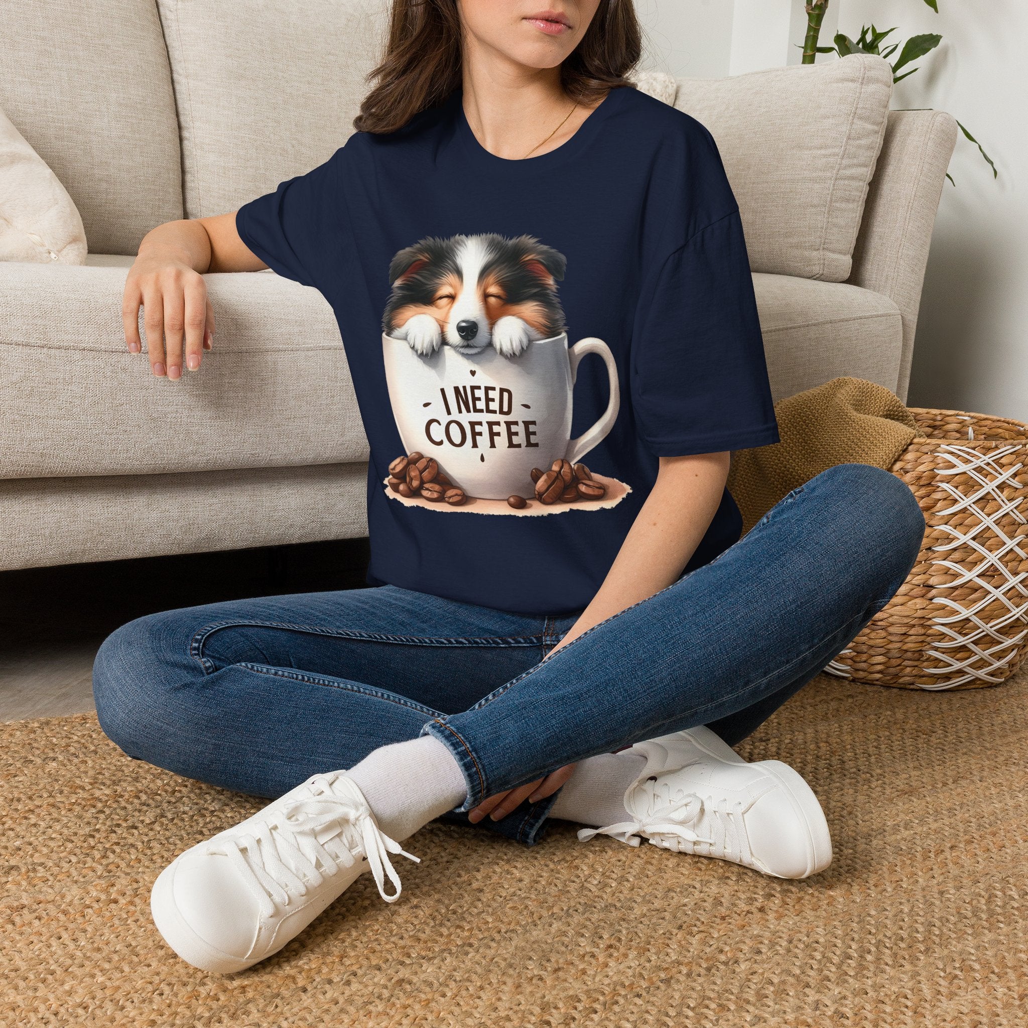 I Need Coffee Dog T-Shirt | Coffee Cup, Shetland Sheepdog Illustration