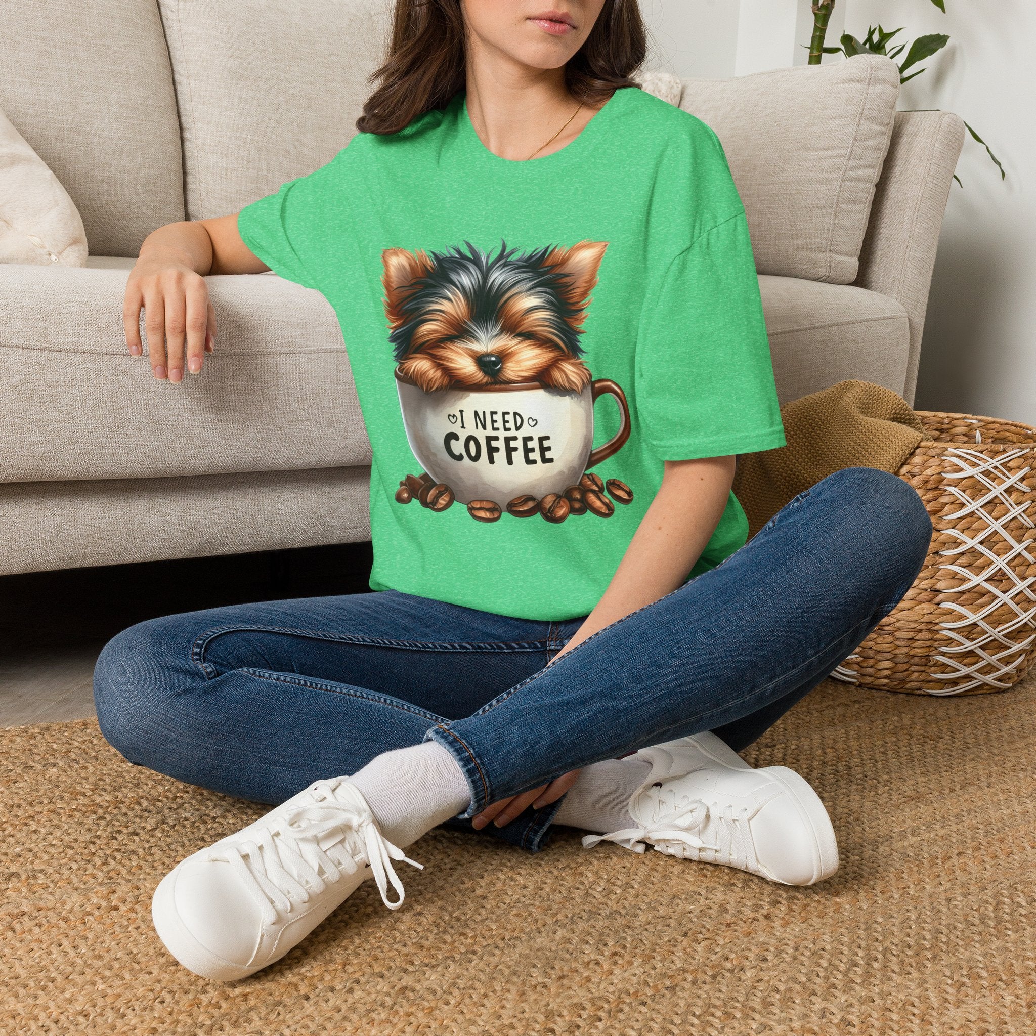 Cute Yorkie in Coffee Cup T-Shirt | I Need Coffee Puppy Graphic Tee