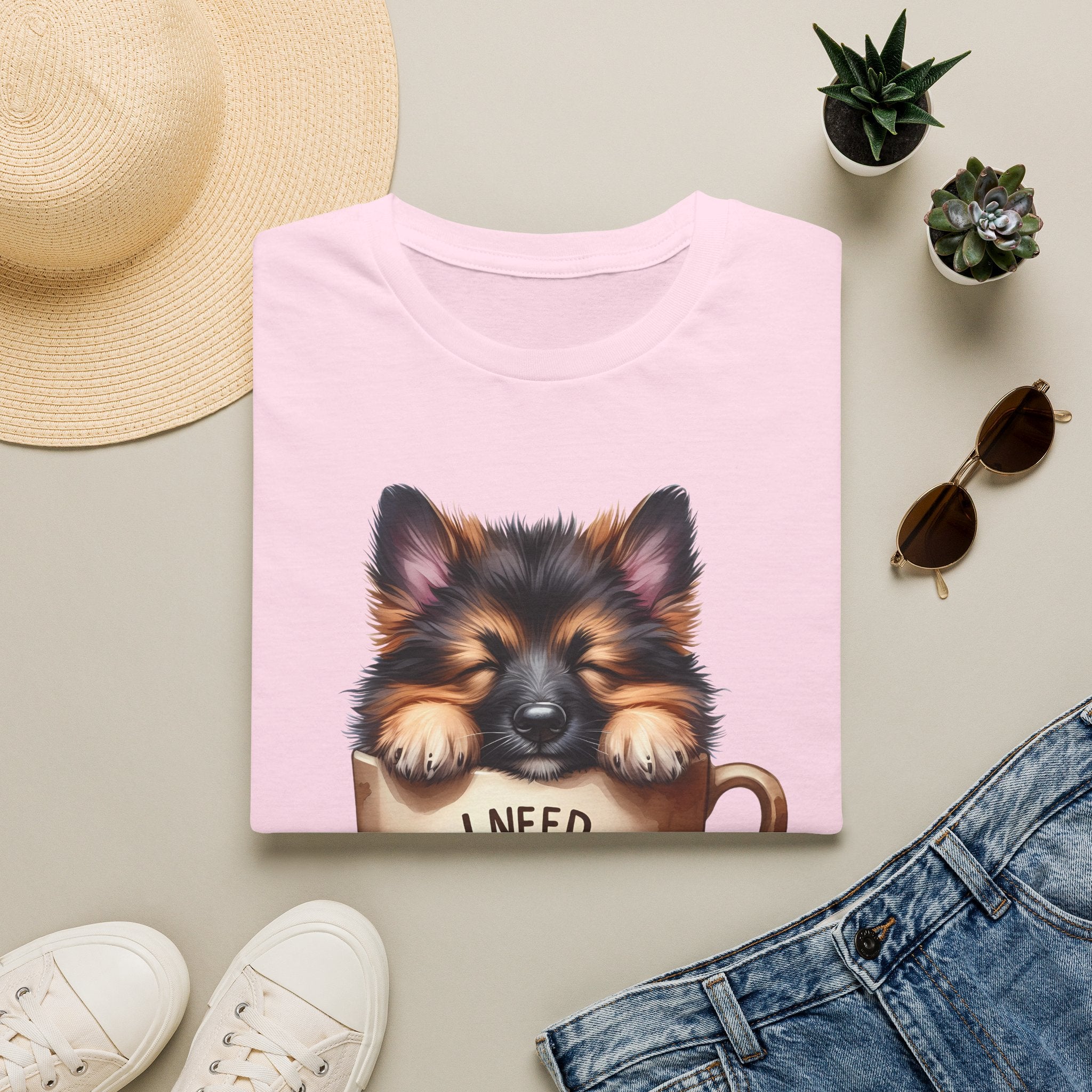 German Shepherd Puppy I Need Coffee T-Shirt | Cute Dog Coffee Design