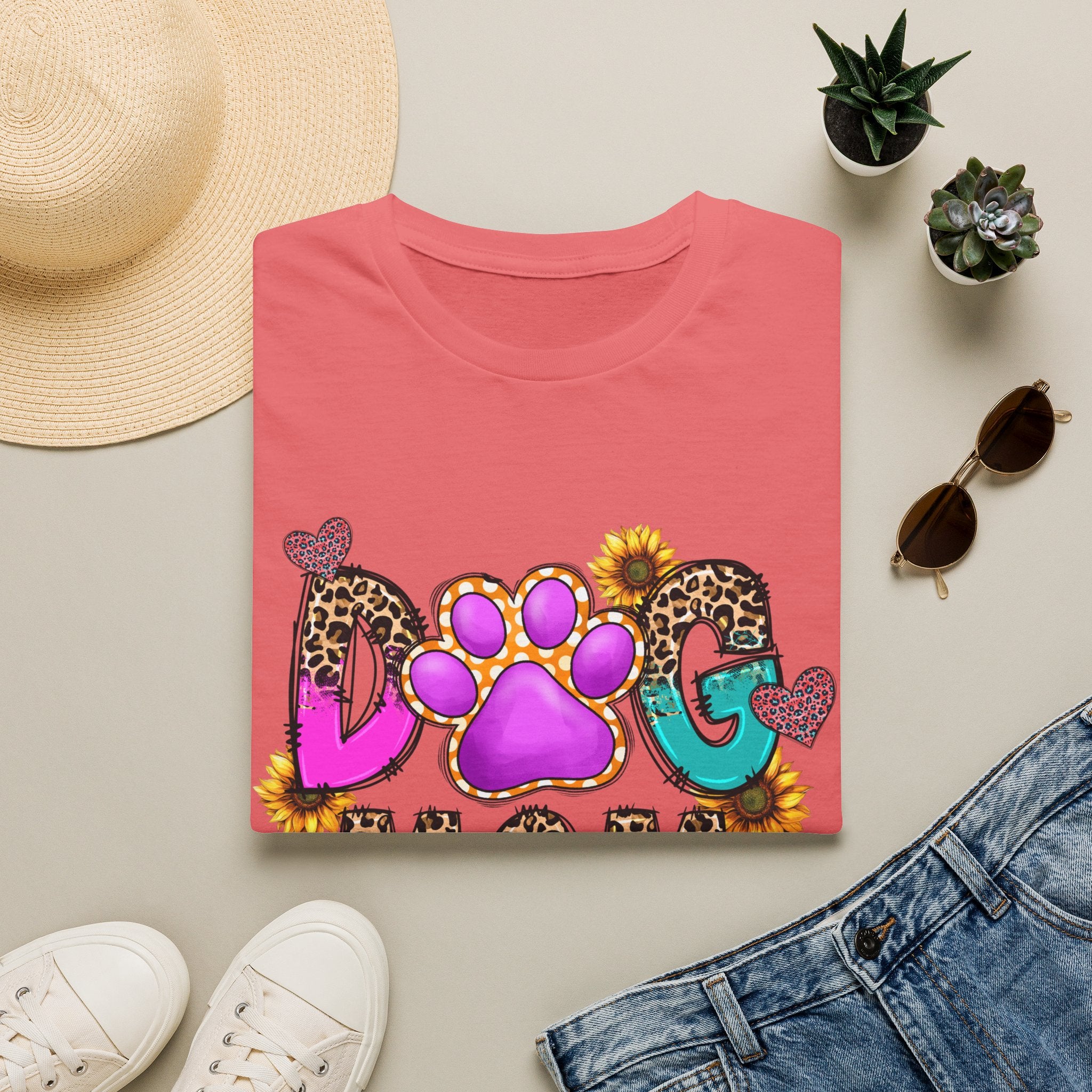 Dog Mom colorful paw print design T-Shirt | leopard hearts sunflower accents