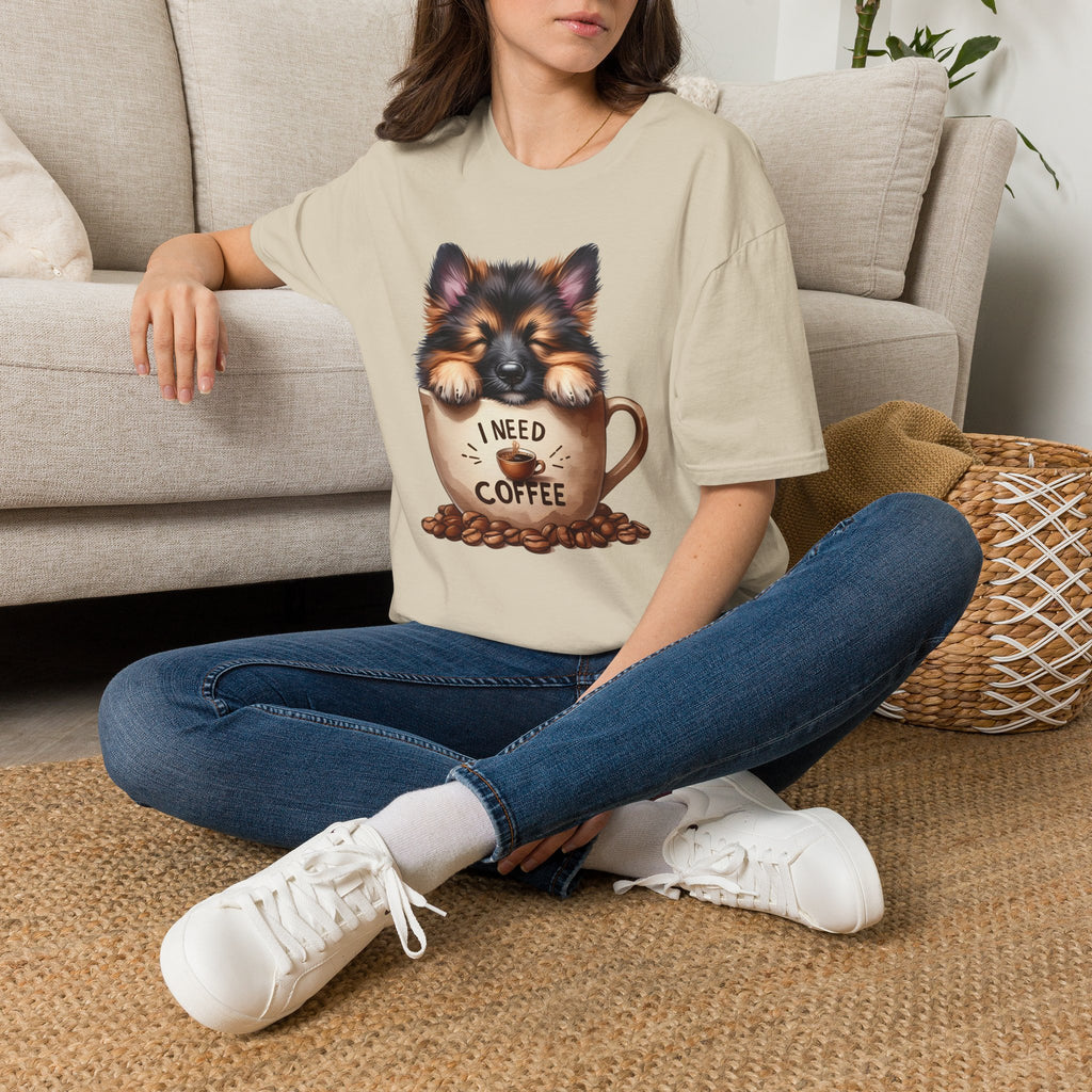 German Shepherd Puppy I Need Coffee T-Shirt | Cute Dog Coffee Design