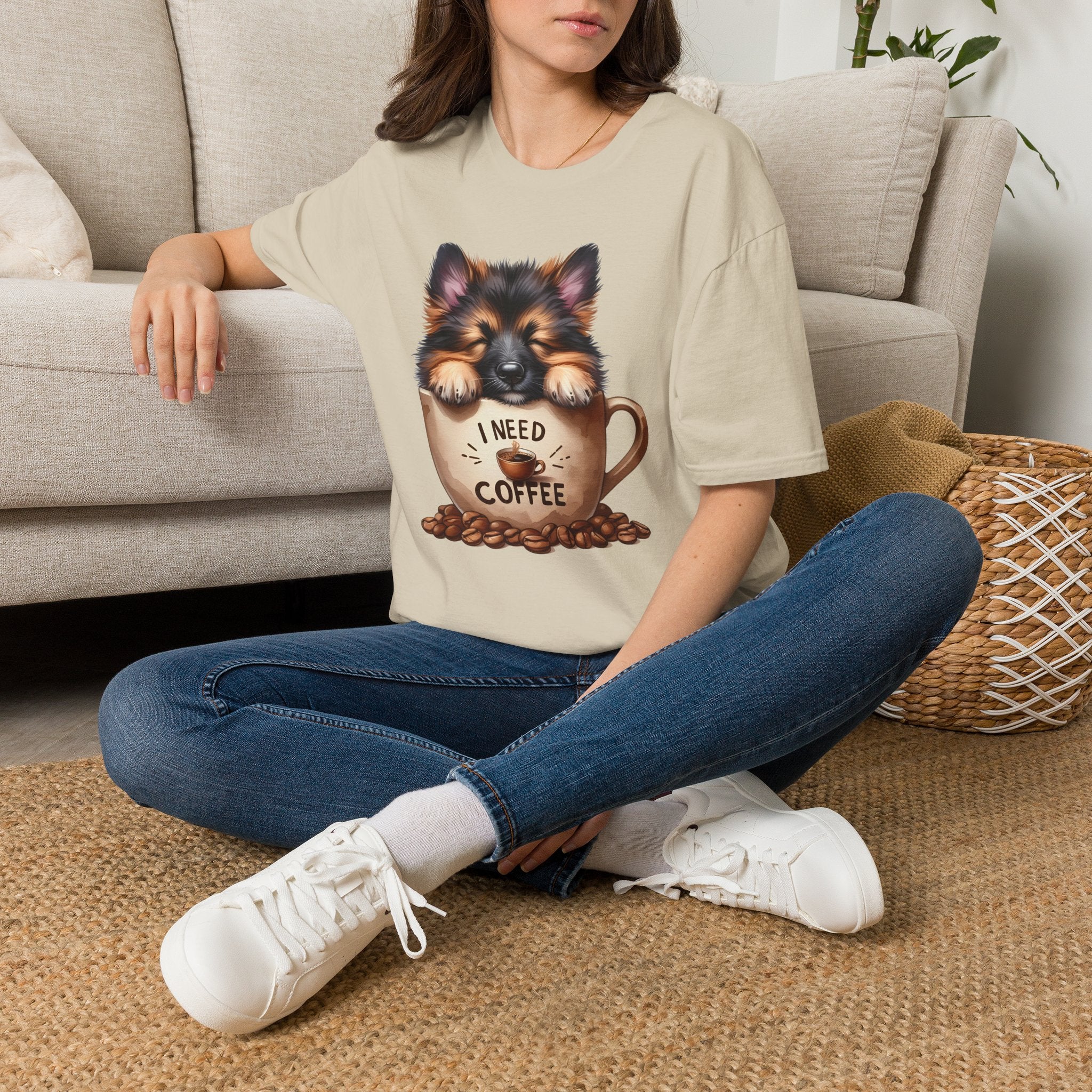 German Shepherd Puppy I Need Coffee T-Shirt | Cute Dog Coffee Design