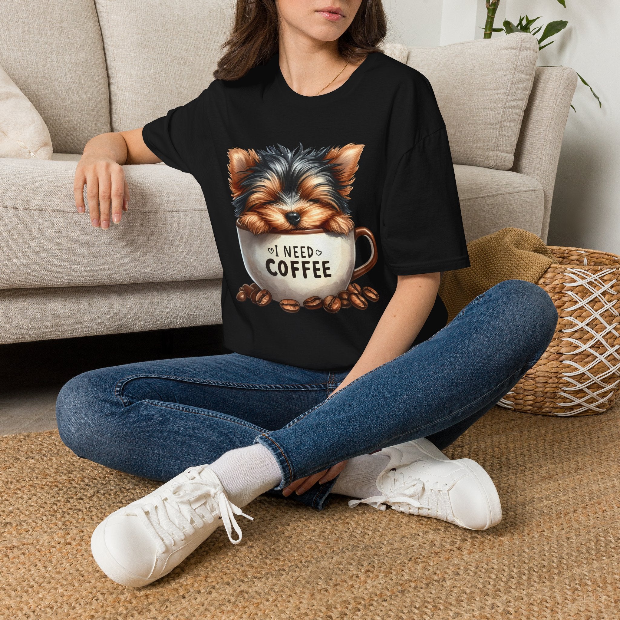 Cute Yorkie in Coffee Cup T-Shirt | I Need Coffee Puppy Graphic Tee