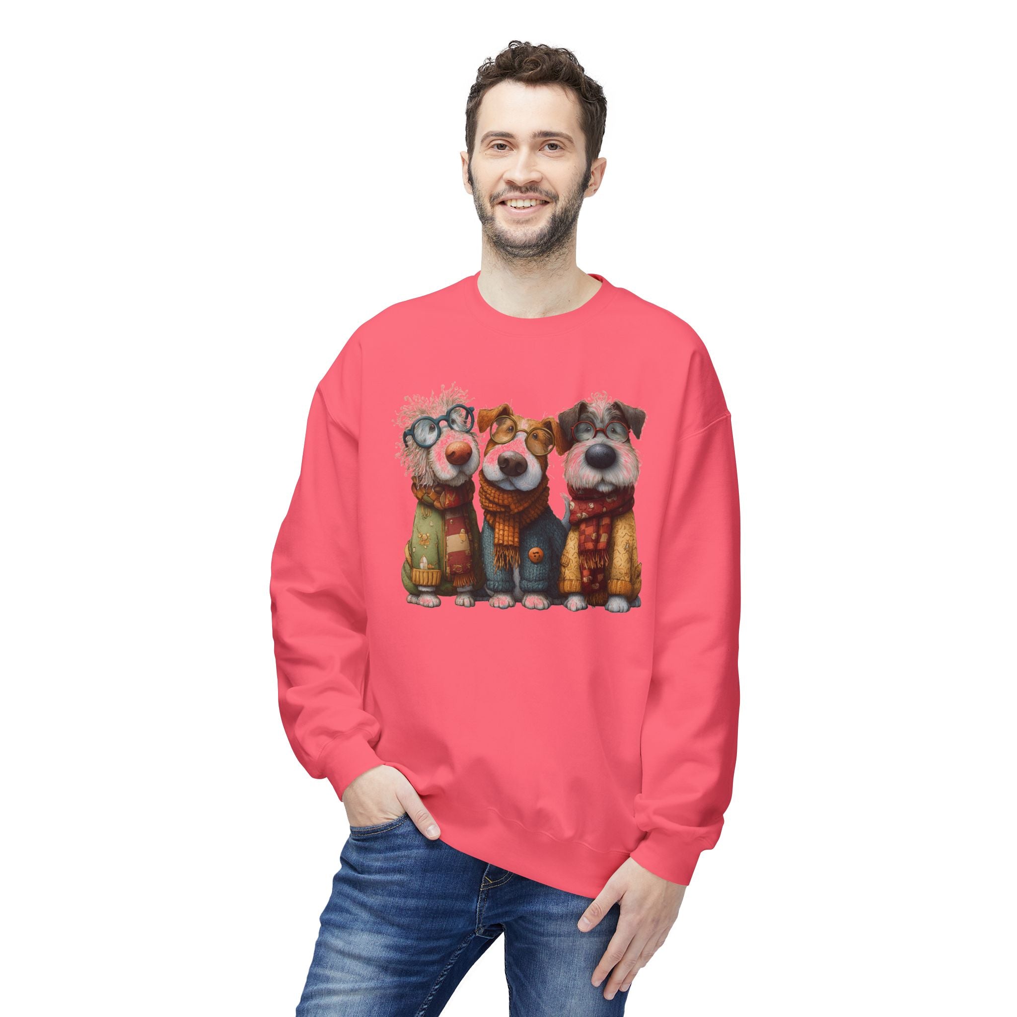 Three Cartoon Dogs in Scarves Sweatshirt | Cute Winter Pup Trio