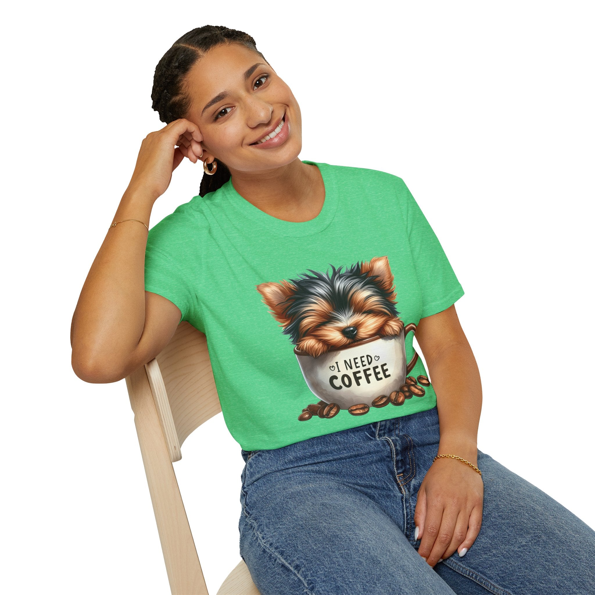 Cute Yorkie in Coffee Cup T-Shirt | I Need Coffee Puppy Graphic Tee
